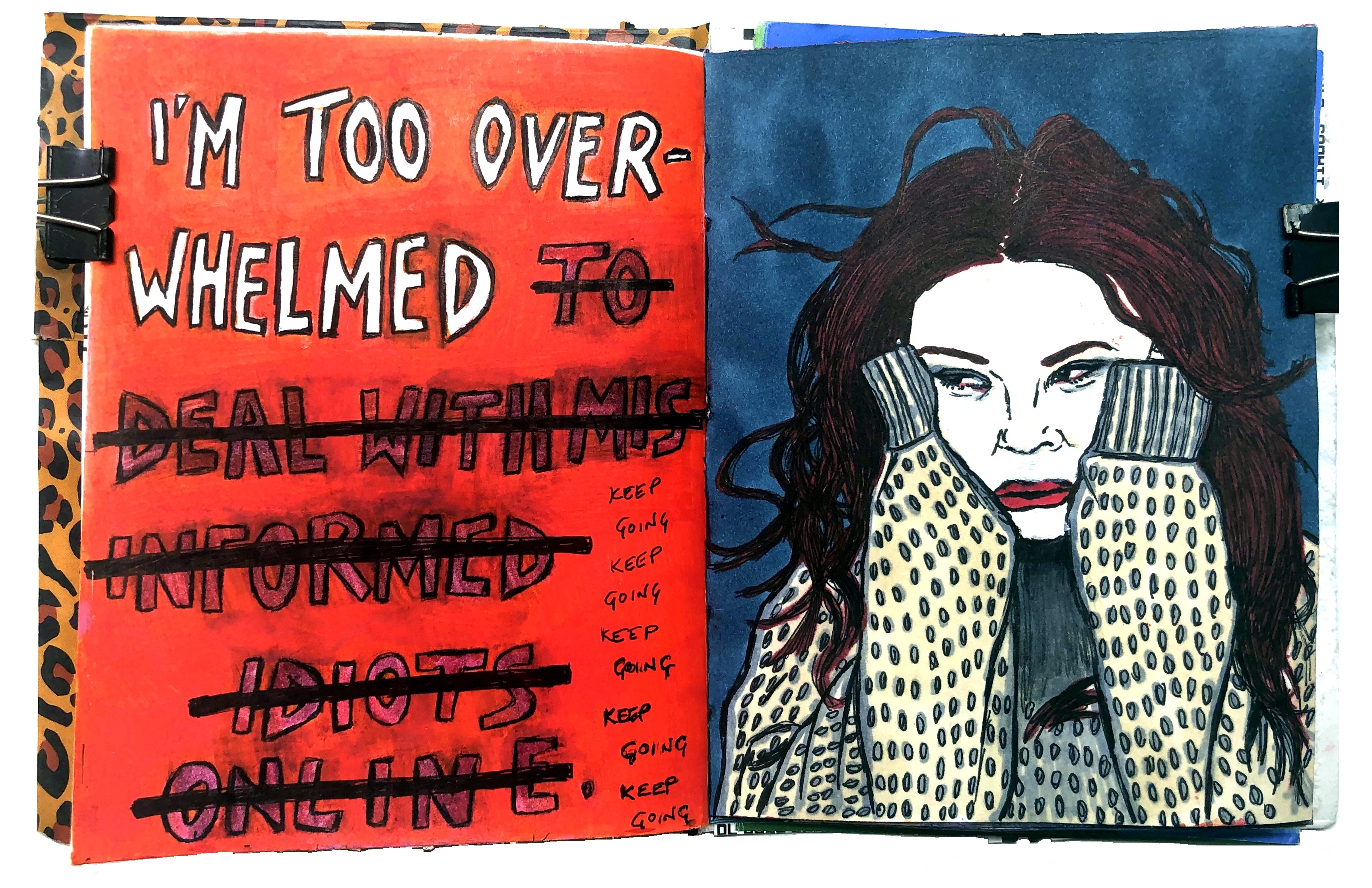 A mixed media art journal illustration of an upset woman trying not to cry and holding her hands to her face with the words I'm too overwhelmed and keep going keep going keep going next to her. Reference is aenne on the Museum by Sktchy app.