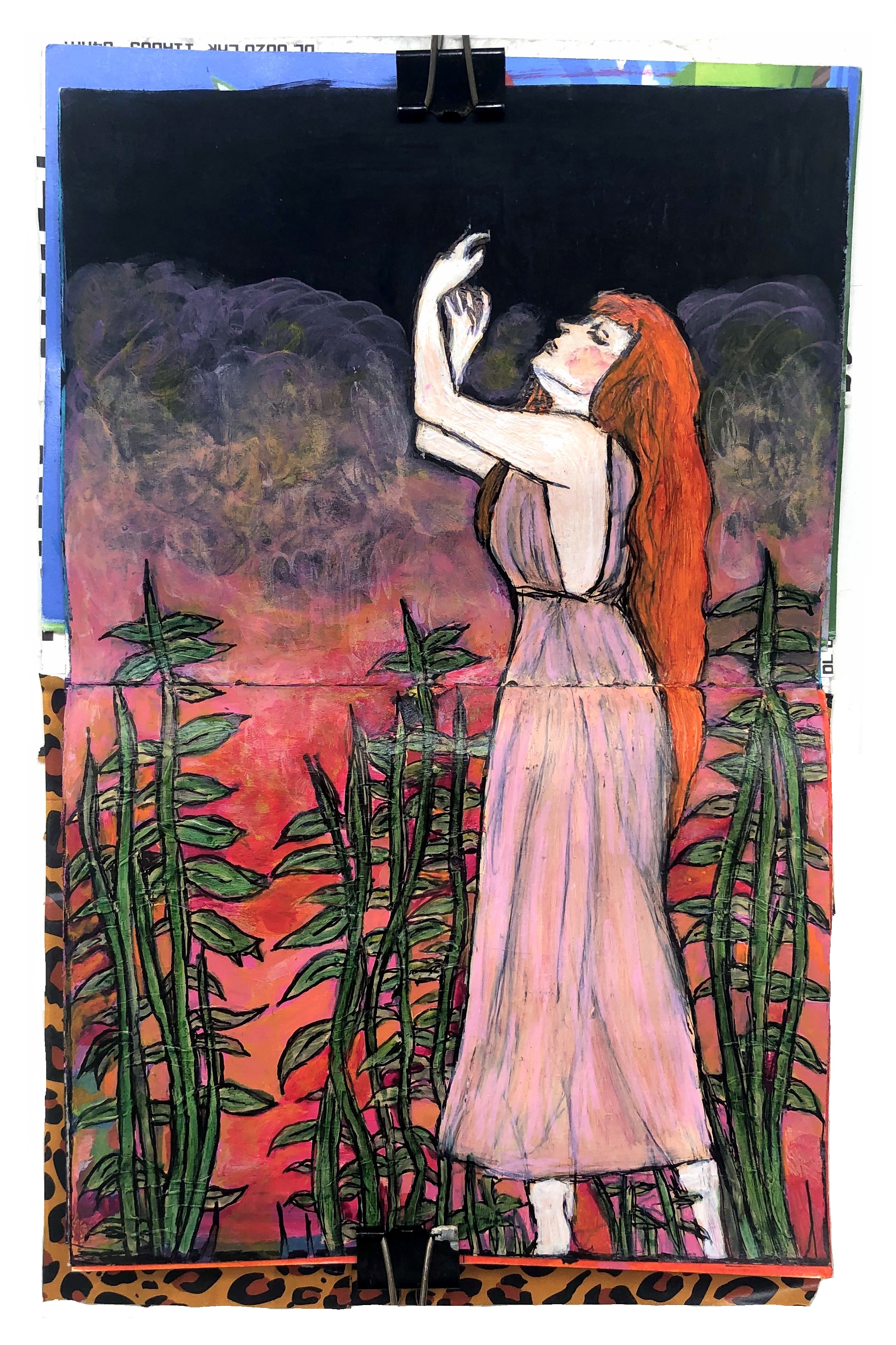 A mixed media art journal illustration of a redheaded woman amongst weeds reaching up to an increasingly darkening sky. Reference is Gertrude Hoffman 1917 by Frank Bangs found via Museum by Sktchy app. I talk to God but the sky is empty - Sylvia Plath.
