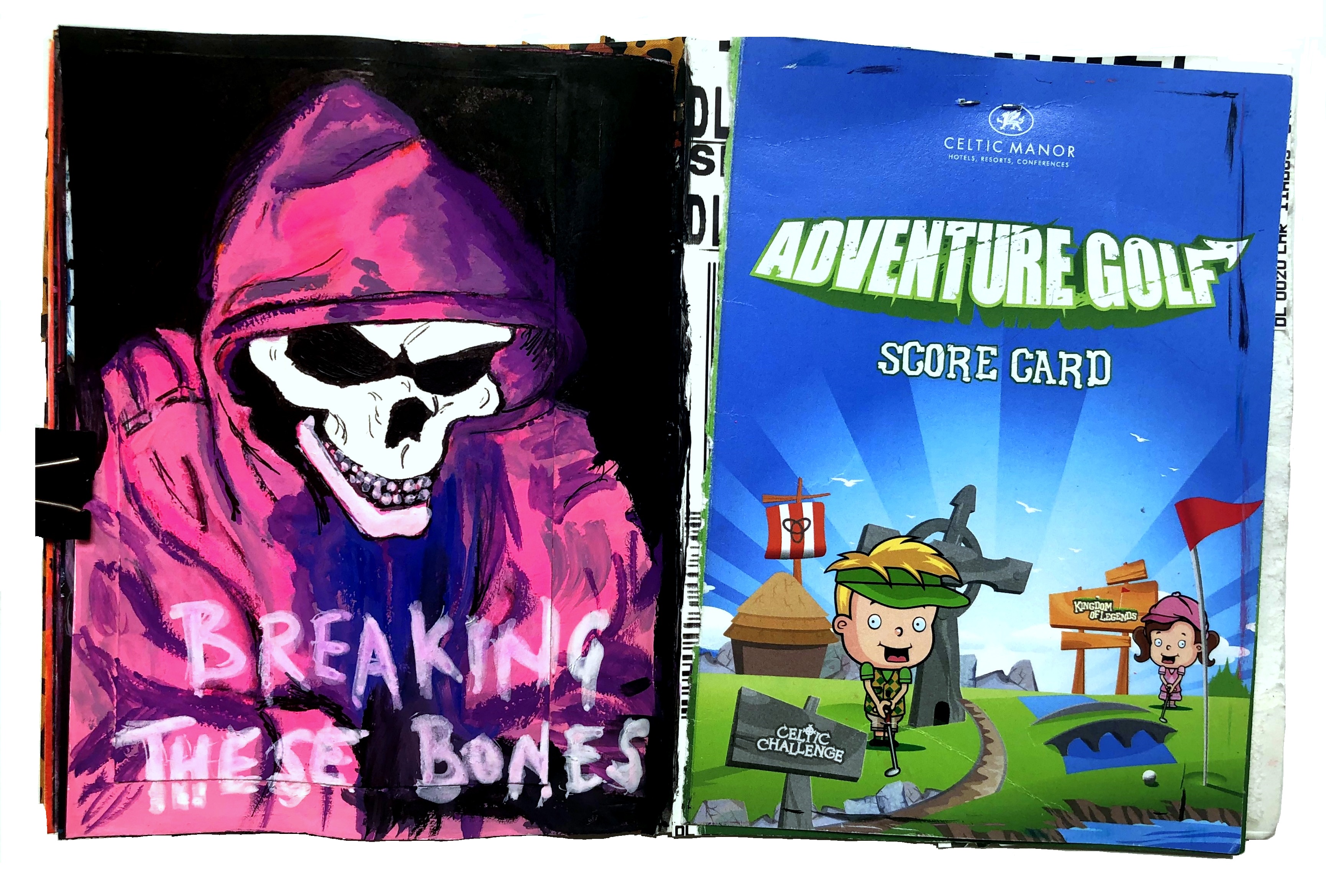 A mixed media art journal illustration of a skeleton looking sinister in pink/purple clothing with lyrics by The Offspring underneath and a golf scorecard to the right. Reference based on TheNeonTino via the Museum by Sktchy app.