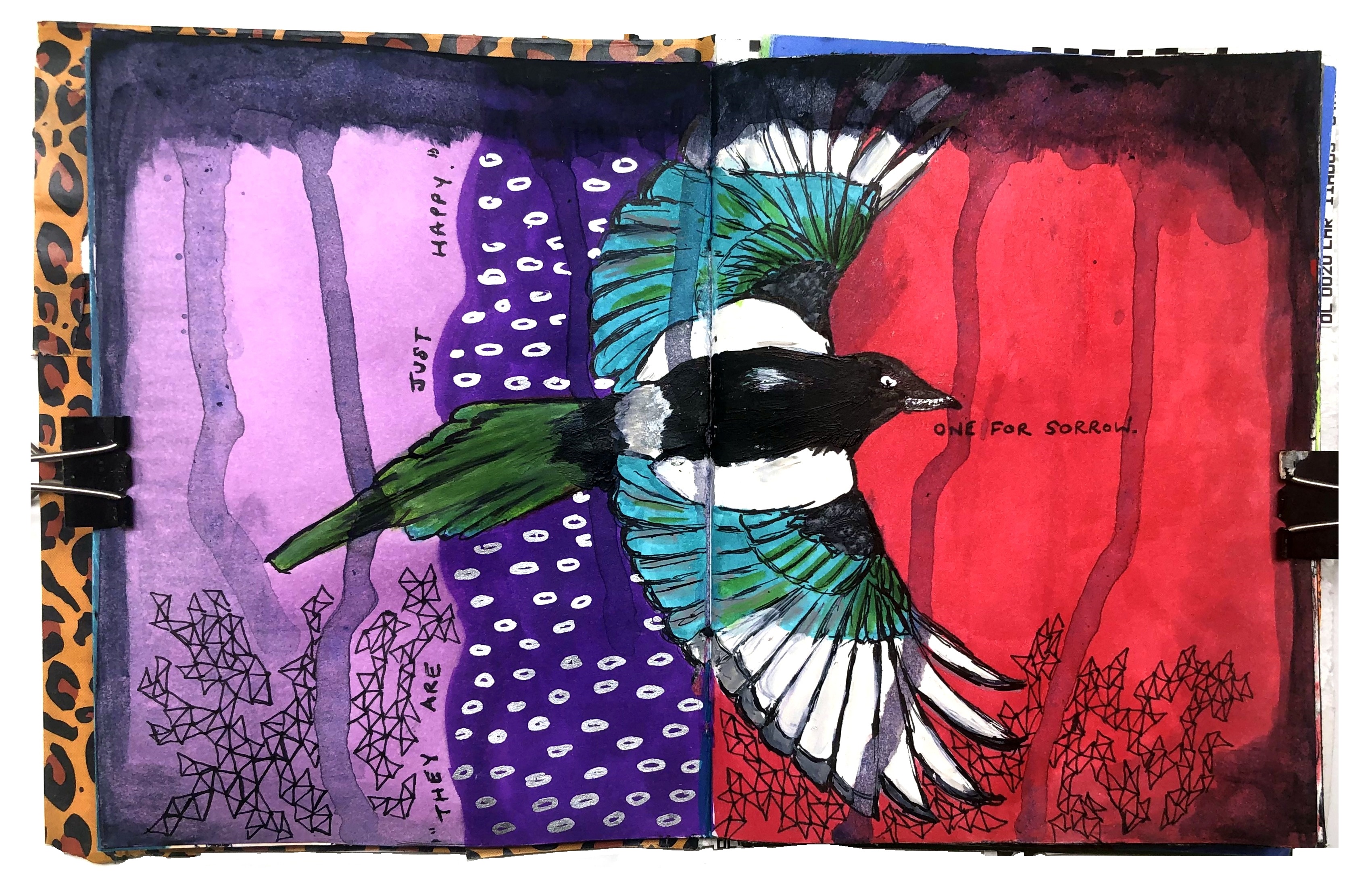 A mixed media art journal illustration of a magpie soaring in front of a colorful background with the words one for sorrow and they are just happy next to it.