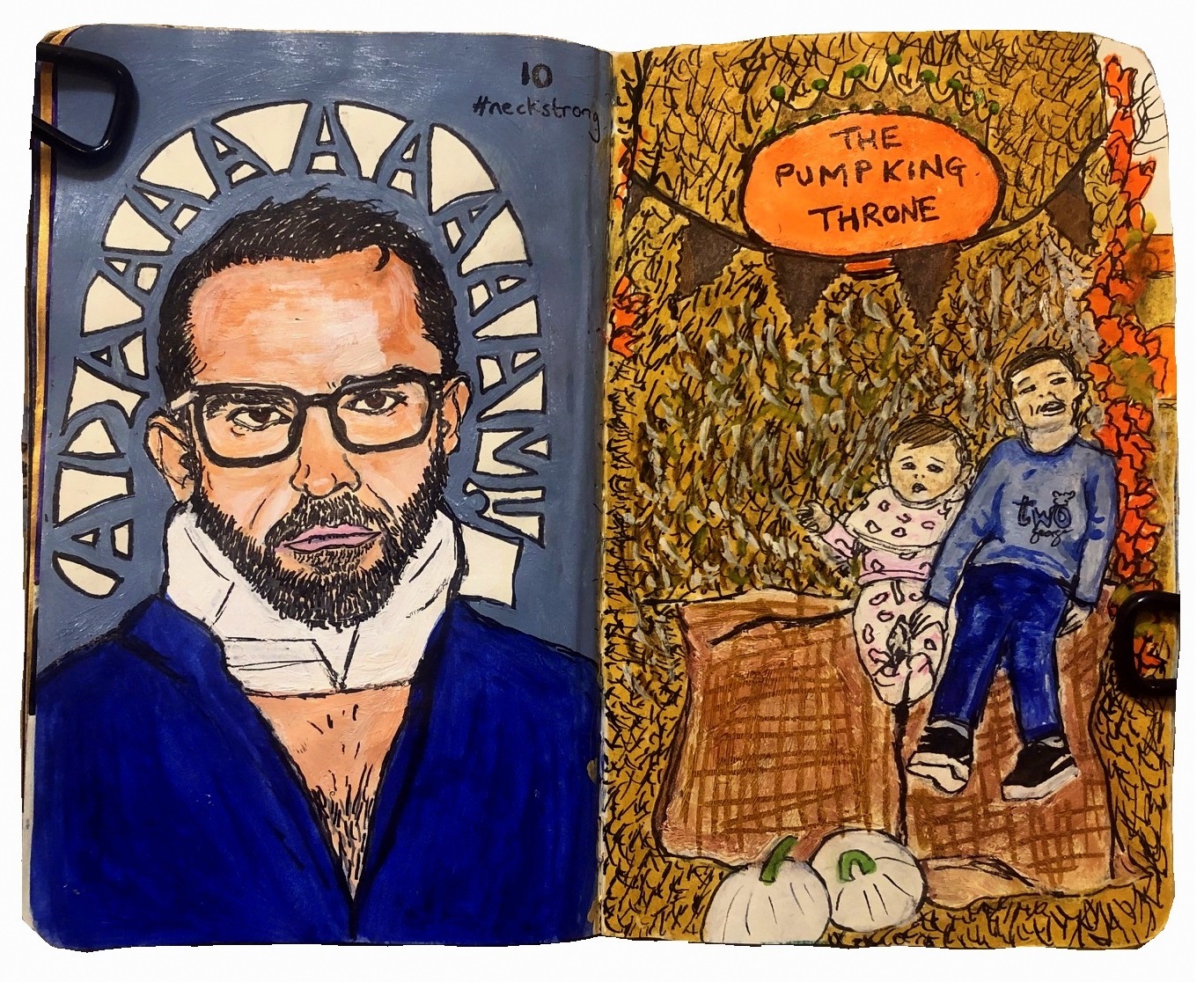 An art journal page with an illustration of AEW wrestler Roderick Strong wearing a neck brace with the words ADAAAAM! and #neckstrong above him. On the right is an illustration of two children sitting on a haystack at a pumpkin patch.