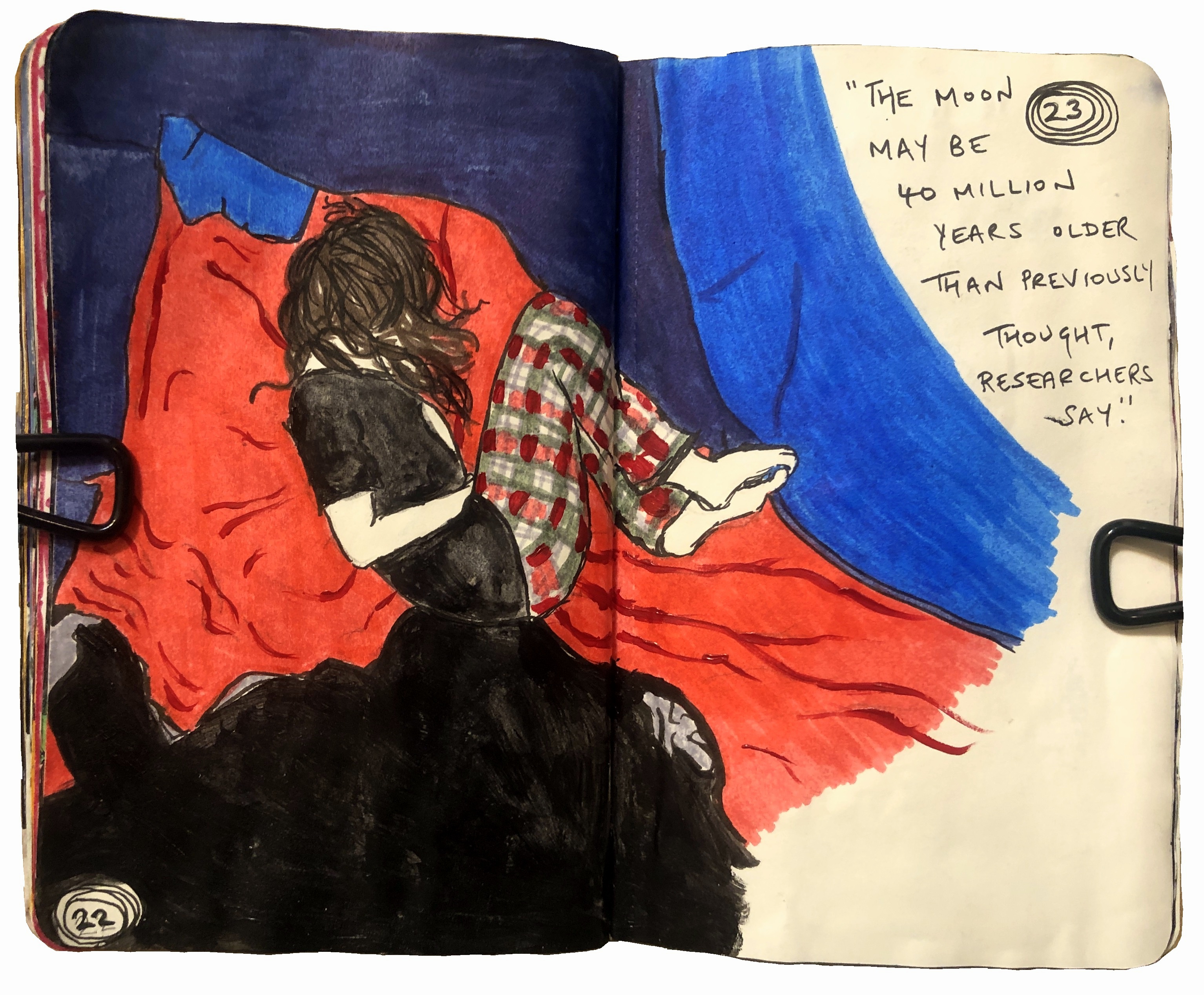 An art journal page with an illustrated self-portrait curled up in the fetal position holding my stomach on a bed. There is handwritten text about the moon in black ink to the right.