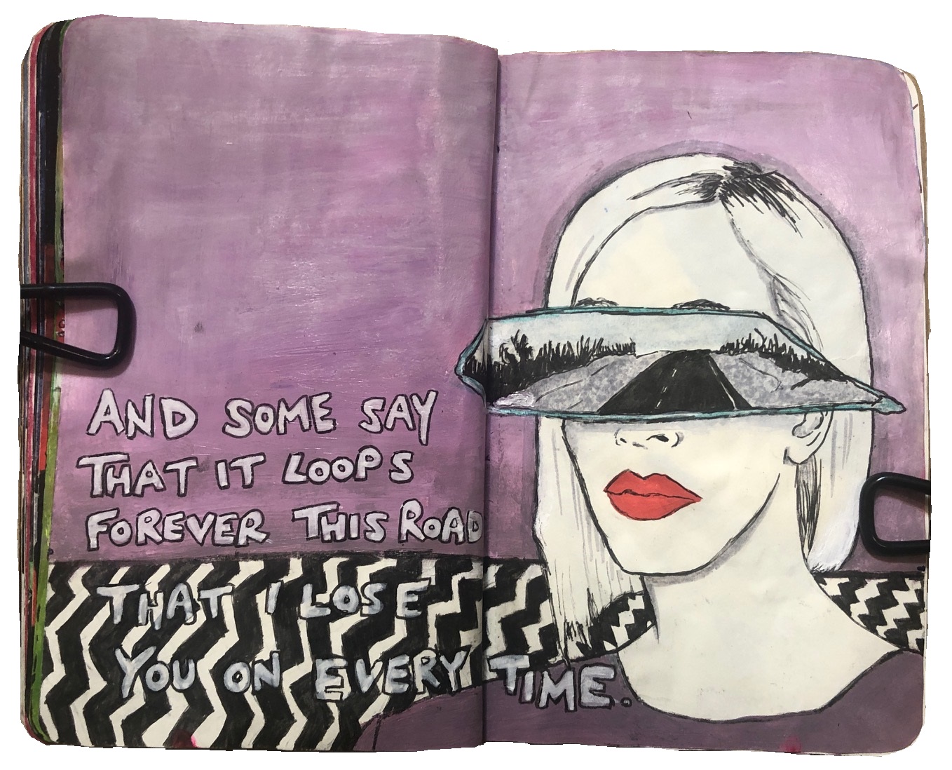 An art journal page with an illustration of musician Poe with her eyes covered with a rearview mirror showing a road stretching into the distance. There is a chevron pattern background and lyrics from her song for Alan Wake 2.