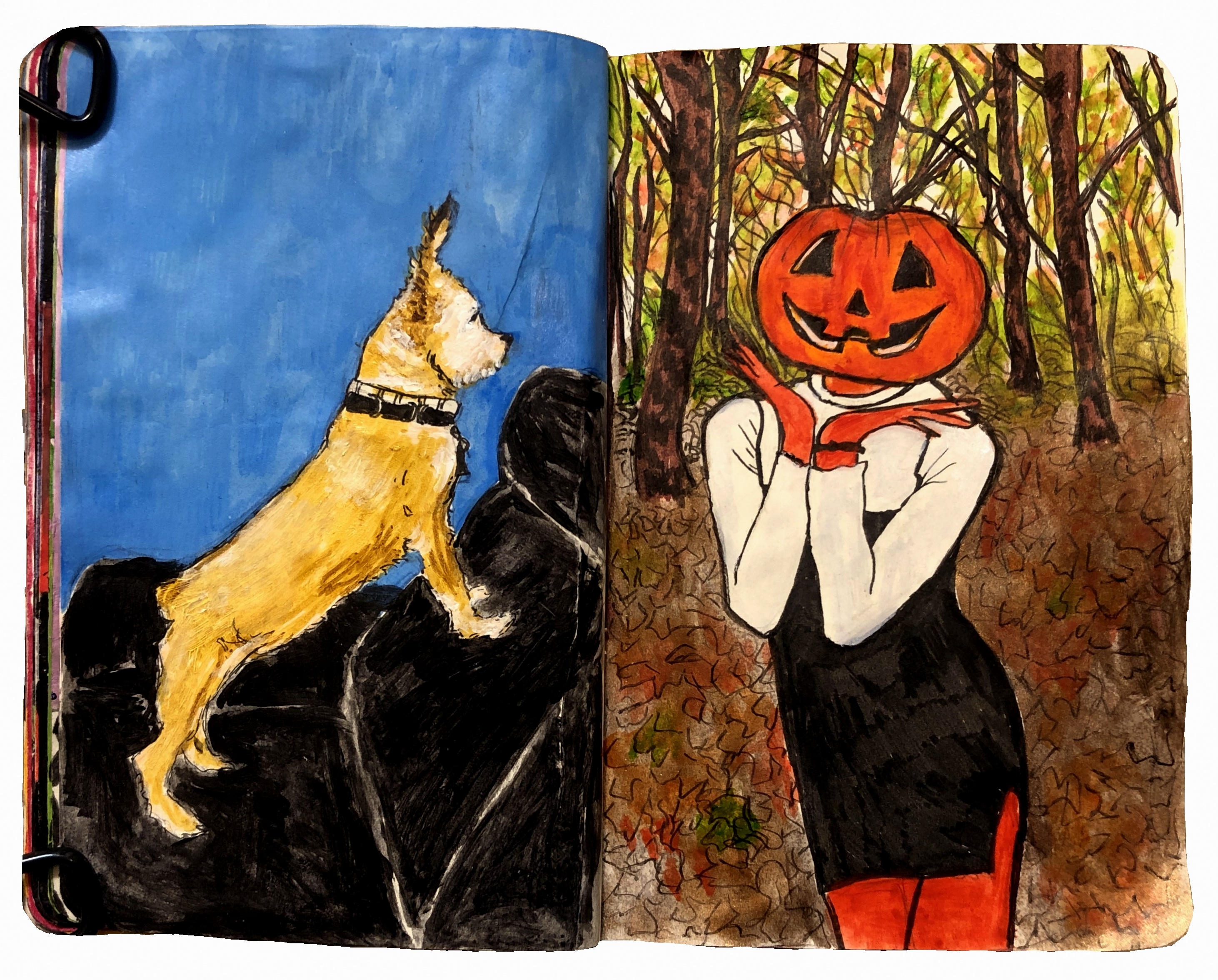 An art journal page with an illustration of a small tan dog standing on a black couch with an alert posture. On the right is an illustration of a feminine figure with a jack-o-lantern head posing in a forest.