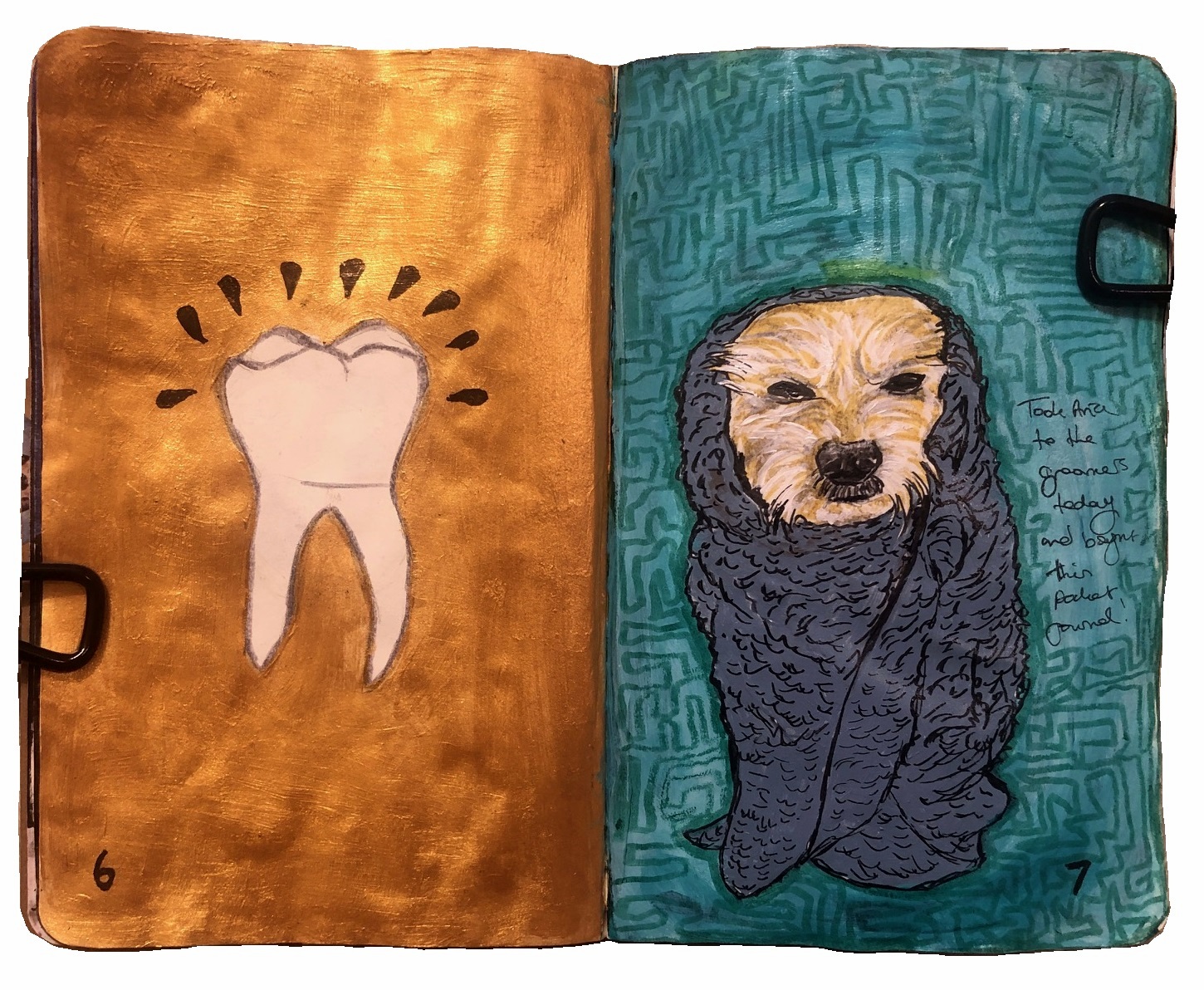 An art journal page with an illustration of a white tooth against a metallic gold background. On the right is an illustration of a small wet dog wrapped in a blanket.