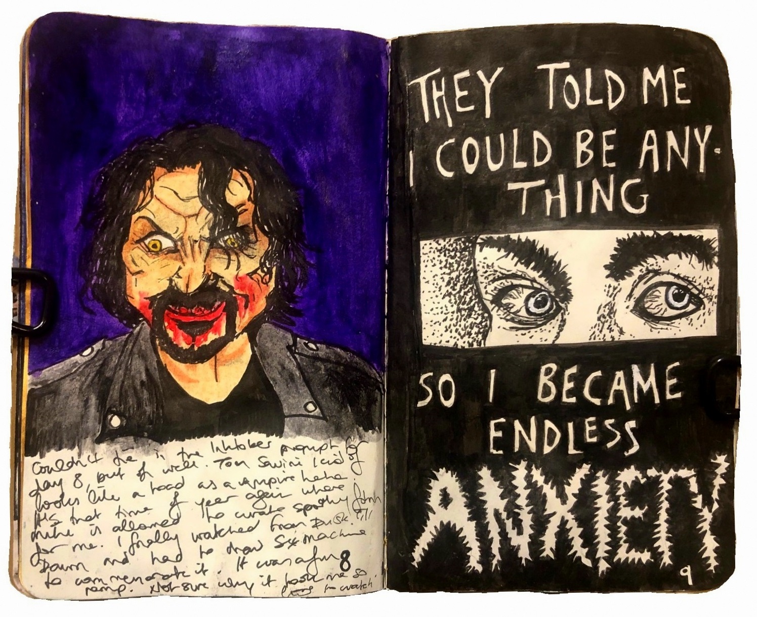 An art journal page with an illustration of Tom Savini as Sex Machine in the film From Dusk Till Dawn after he turned into a vampire. On the right is an illustration from the band about endless anxiety.