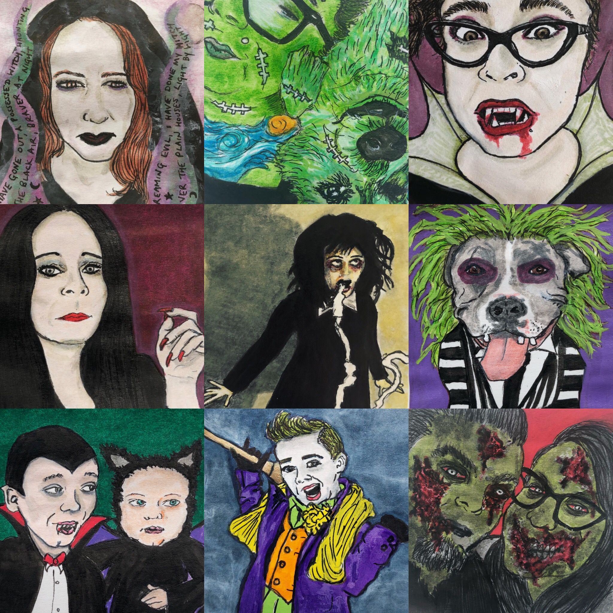 For Inktober 2018 I was commissioned by some Instagram followers to create mini portraits of them as spooky beings (or in their Halloween costumes)! Part II includes a witch, Frankenstein's monster and dog, a vampire, Morticia Addams, a possessed woman, a pitbull as Beetlejuice, Dracula and a baby bat, the Joker, and a zombie couple.