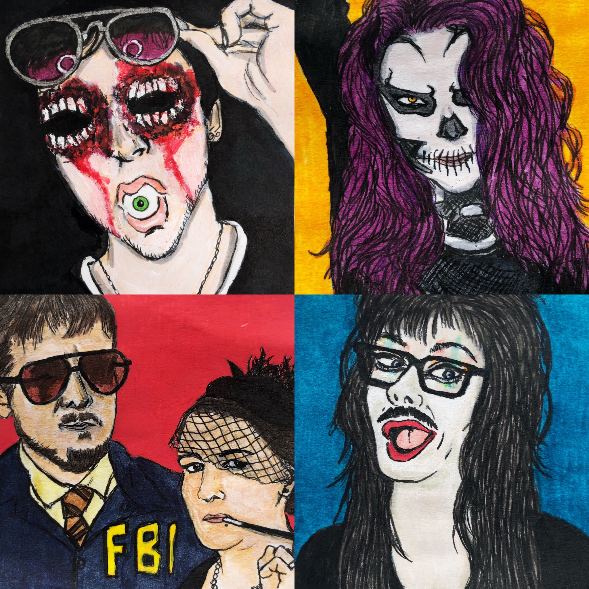 For Inktober 2018 I was commissioned by some Instagram followers to create mini portraits of them as spooky beings (or in their Halloween costumes)! Part IV includes a man with teeth for eyes and an eye for a mouth, a skeleton with purple hair, Burt Macklin and Janet Snakehole from Parks and Recreation, and Weird Al Vira.