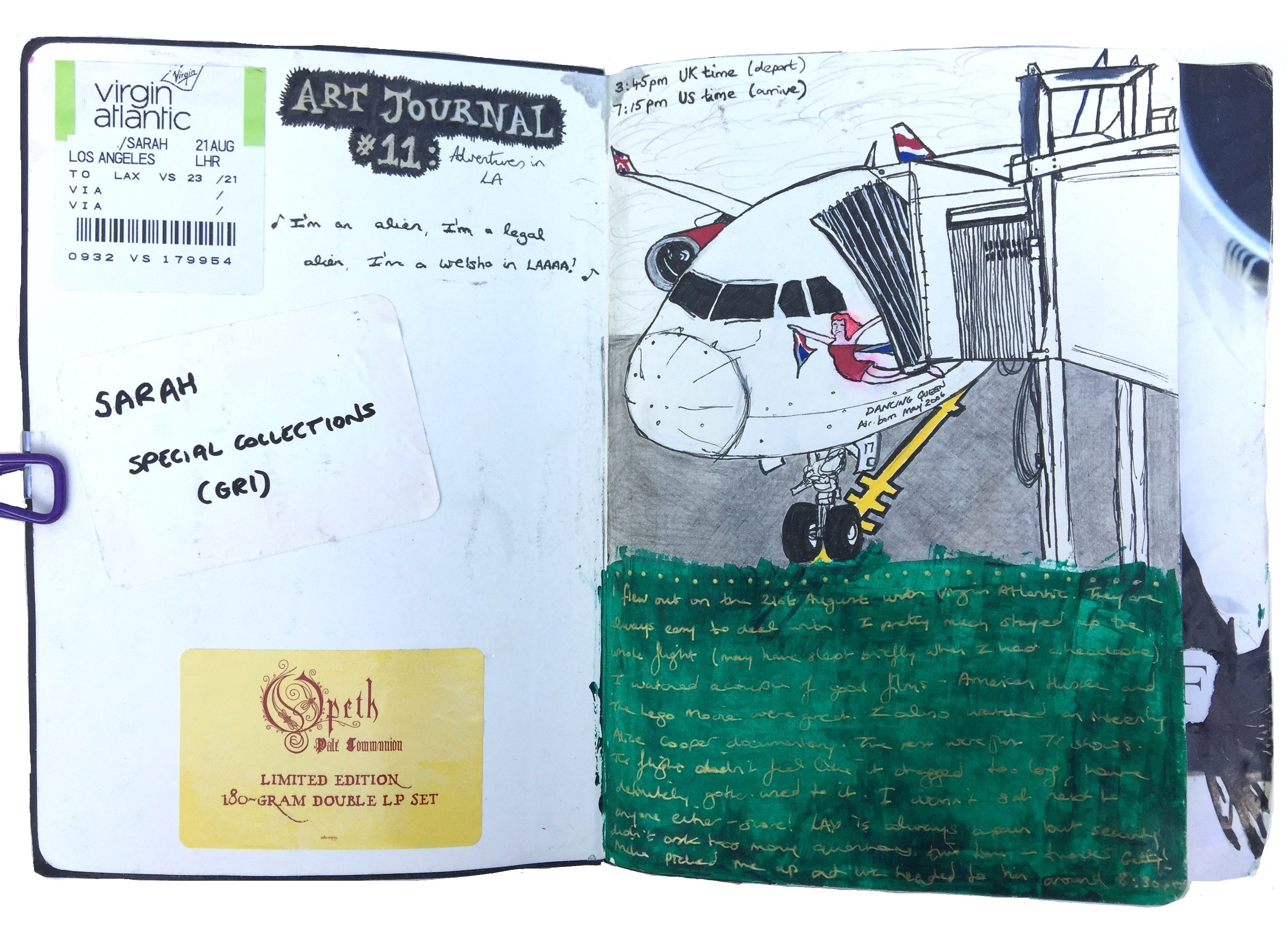 A mixed media art journal illustration of a plane and traveling to Los Angeles with ephemera from the trip and an Opeth sticker.