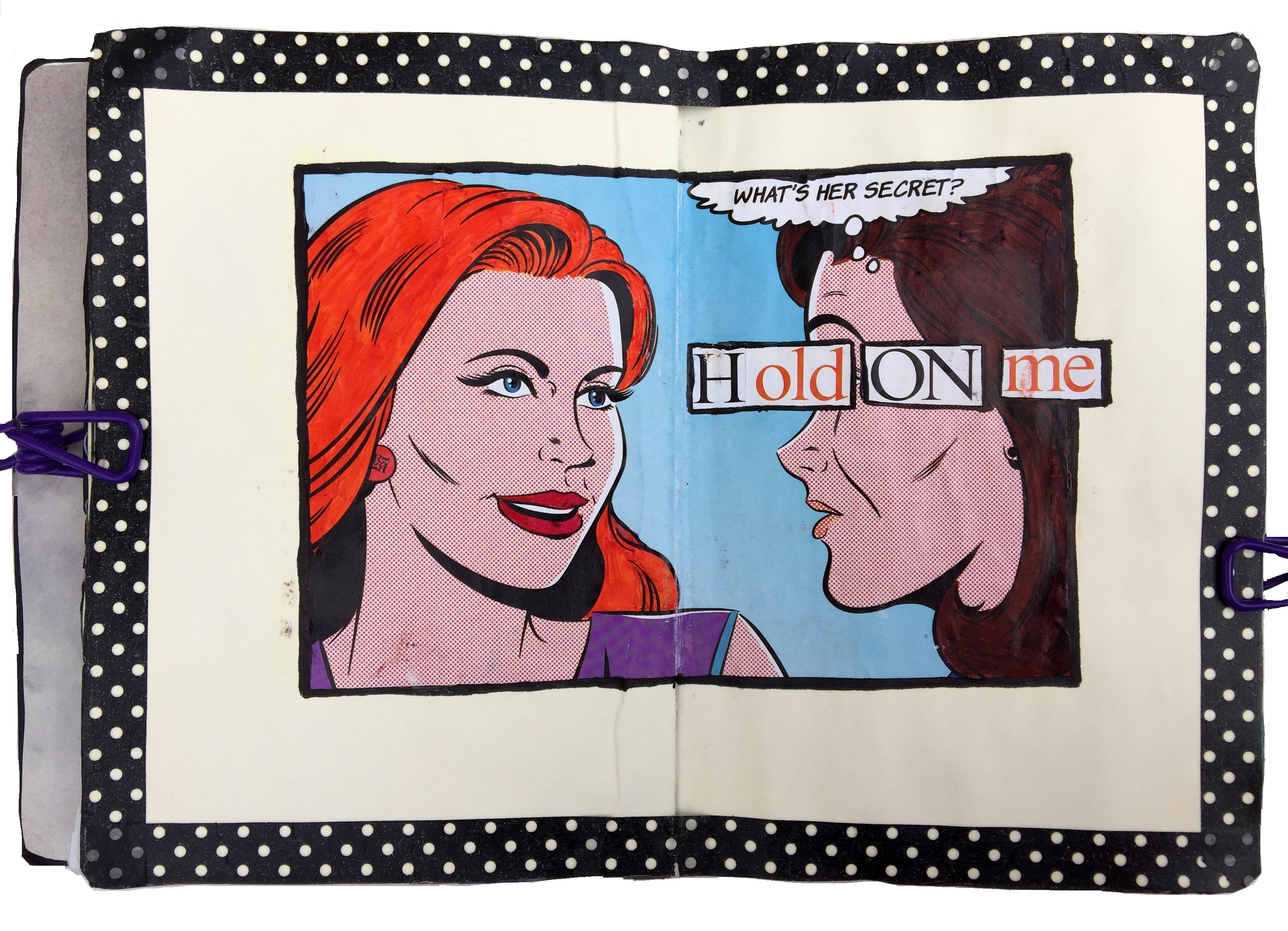 An art journal collage of two women with the words what's her secret? and Hold ON me.