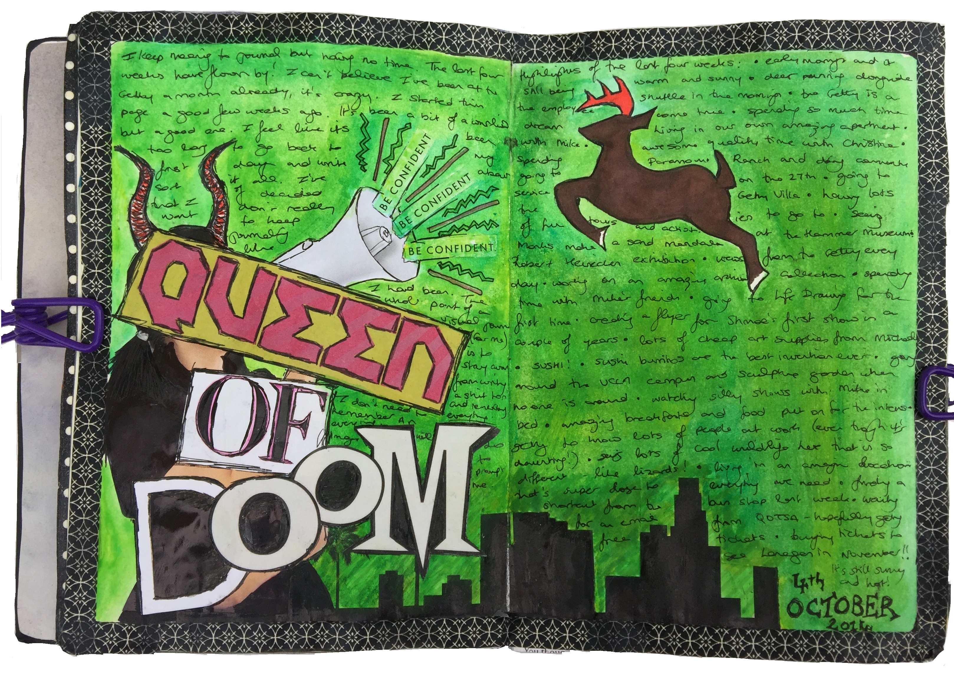 A mixed media art journal collage of a horned woman with a megaphone with the words queen of doom and be confident and a drawing of a deer and silhouette skyline.