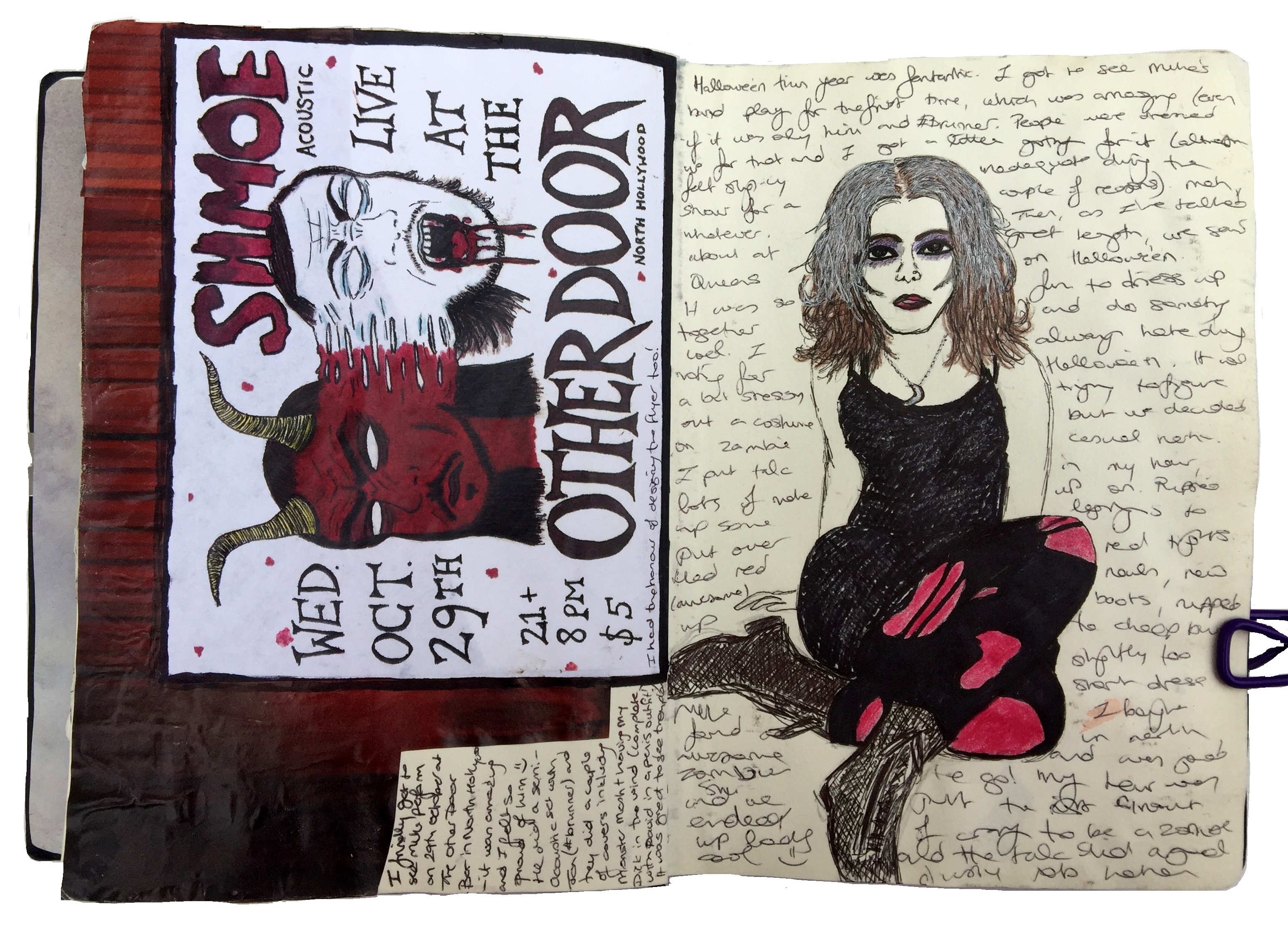 A mixed media art journal illustration of myself sitting on the floor dressed up for Halloween shows next to a flyer I made for Shmoe.