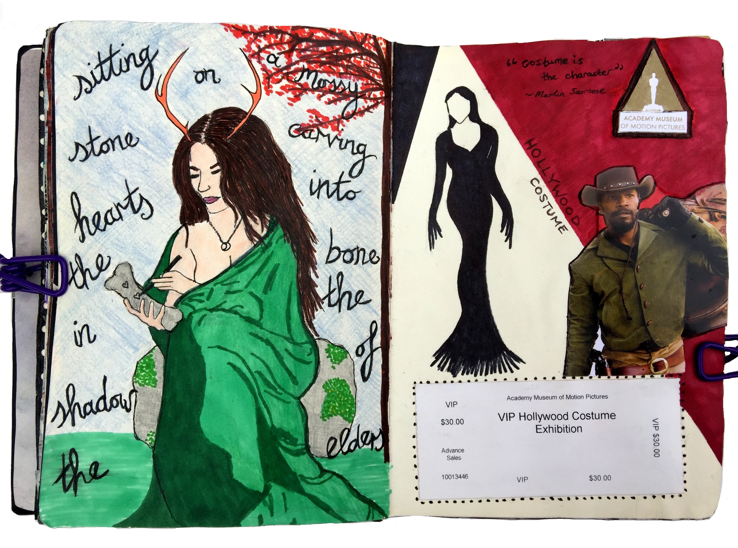 An art journal illustration of an antlered woman wearing a cape, sat on a mossy rock in a forest and carving into a bone with lyrics by the band Alunah and a collage from the Hollywood Costume exhibit at the Academy Museum in Los Angeles.