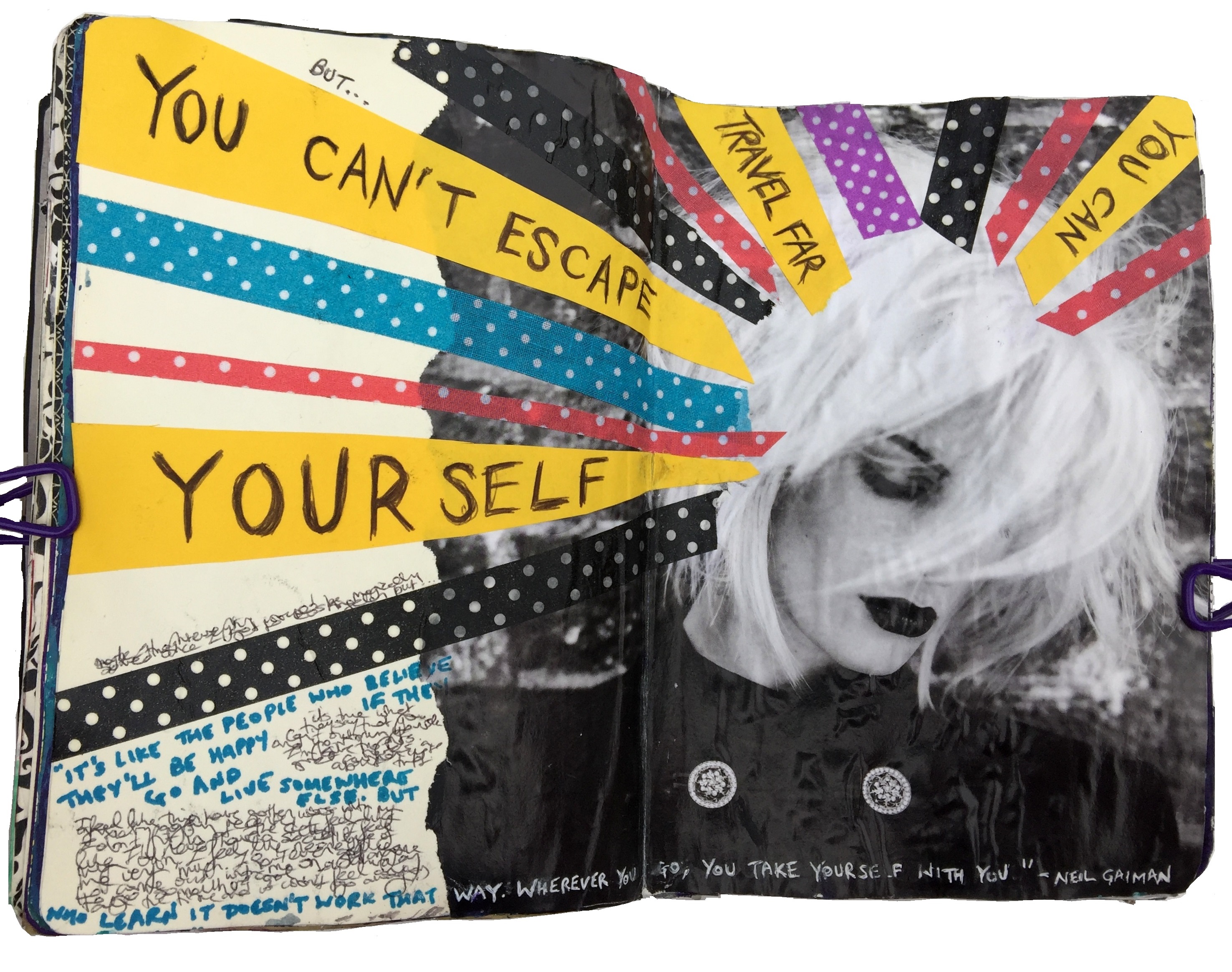 A mixed media art journal collage of a woman looking down with various washi tape strips coming out of her head with a quote by writer Neil Gaiman (before the accusations) about wherever you go, you take yourself with you.