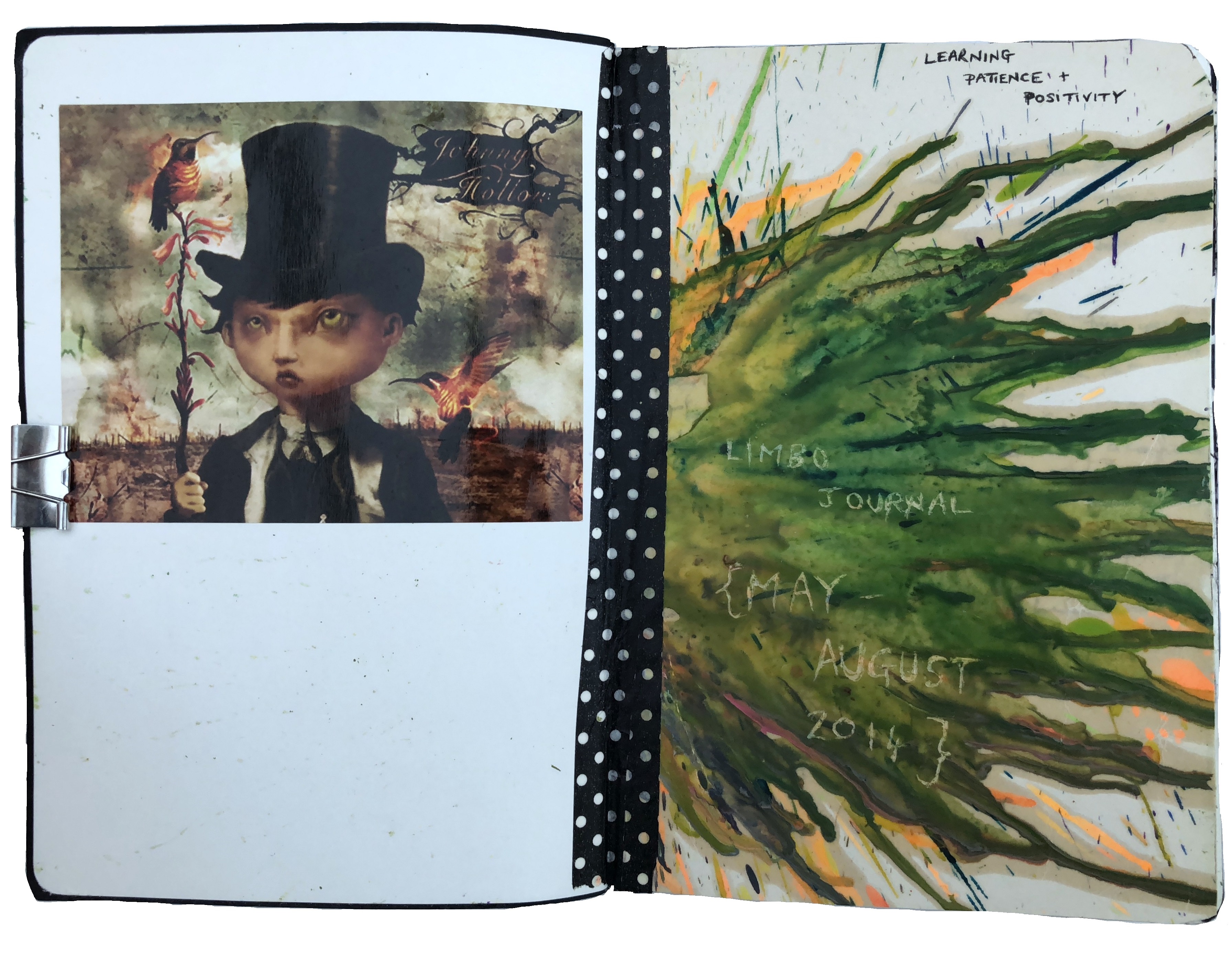 A mixed media art journal page of melted crayon and a sticker by Vincent Marcone of Johnny Hollow.