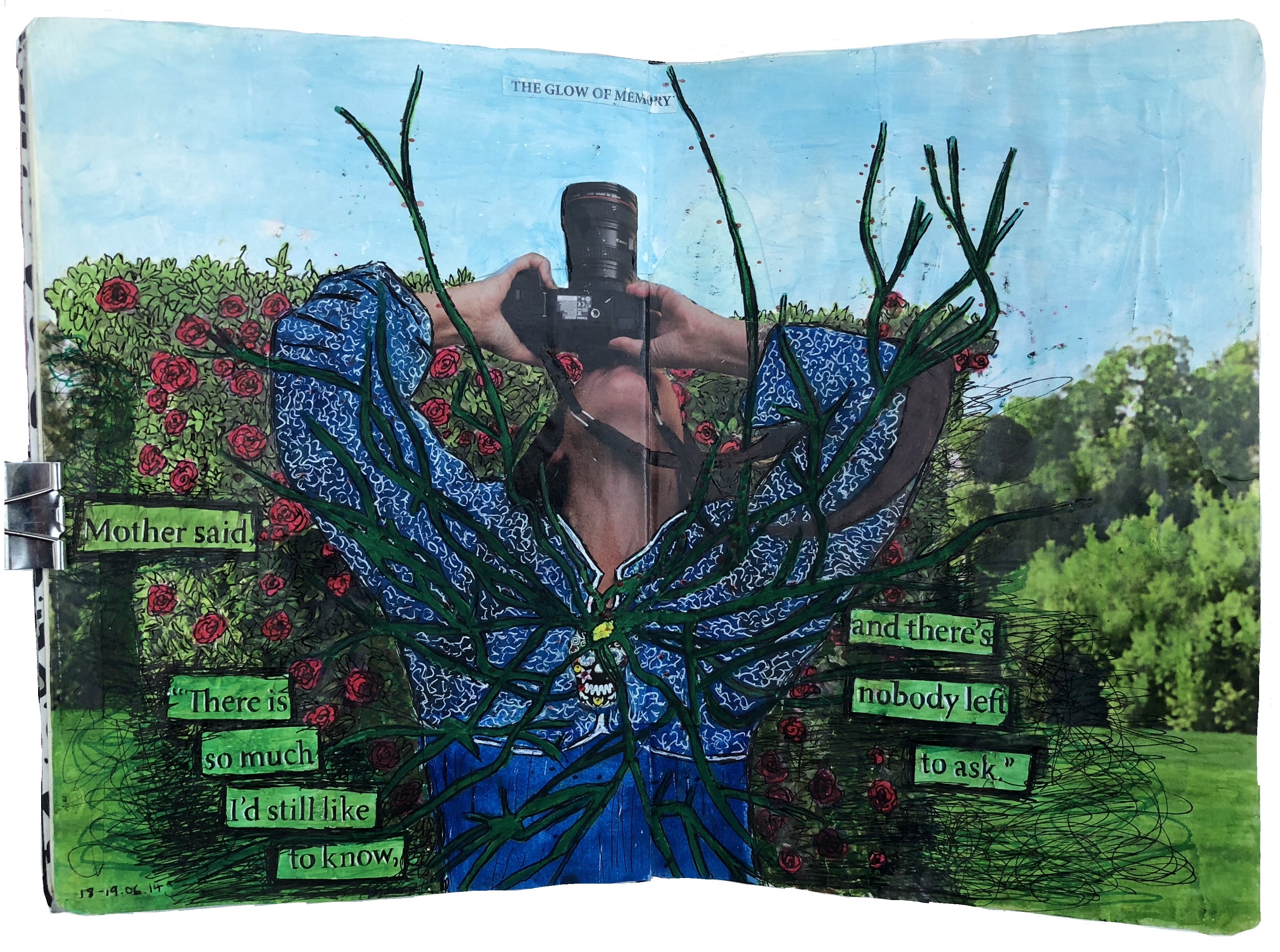 A mixed media art journal collage of a woman taking a photograph of the sky with a camera, reflecting on memory and family with roses in the background.