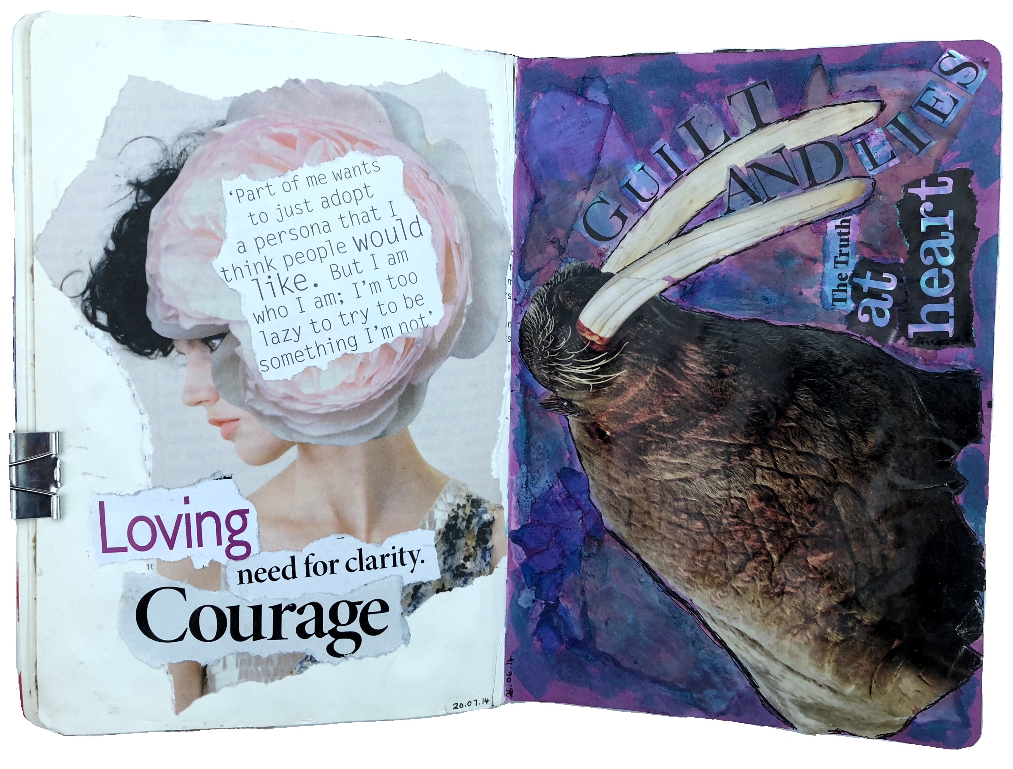 A mixed media art journal collage about being who I am with a quote by Mila Kunis and a collage of a walrus with the words guilt and lies, the truth at the heart.