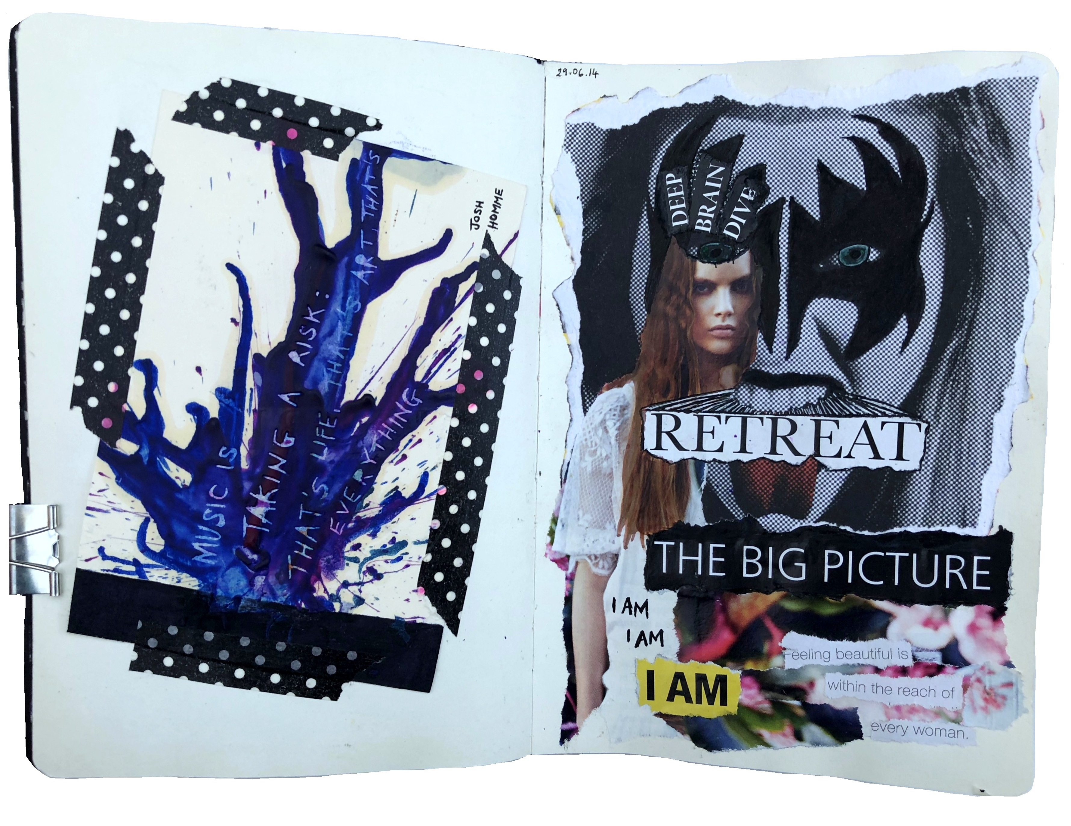 A mixed media art journal collage of a melted crayon piece with a quote by Josh Homme and a torn paper collage about feelings.