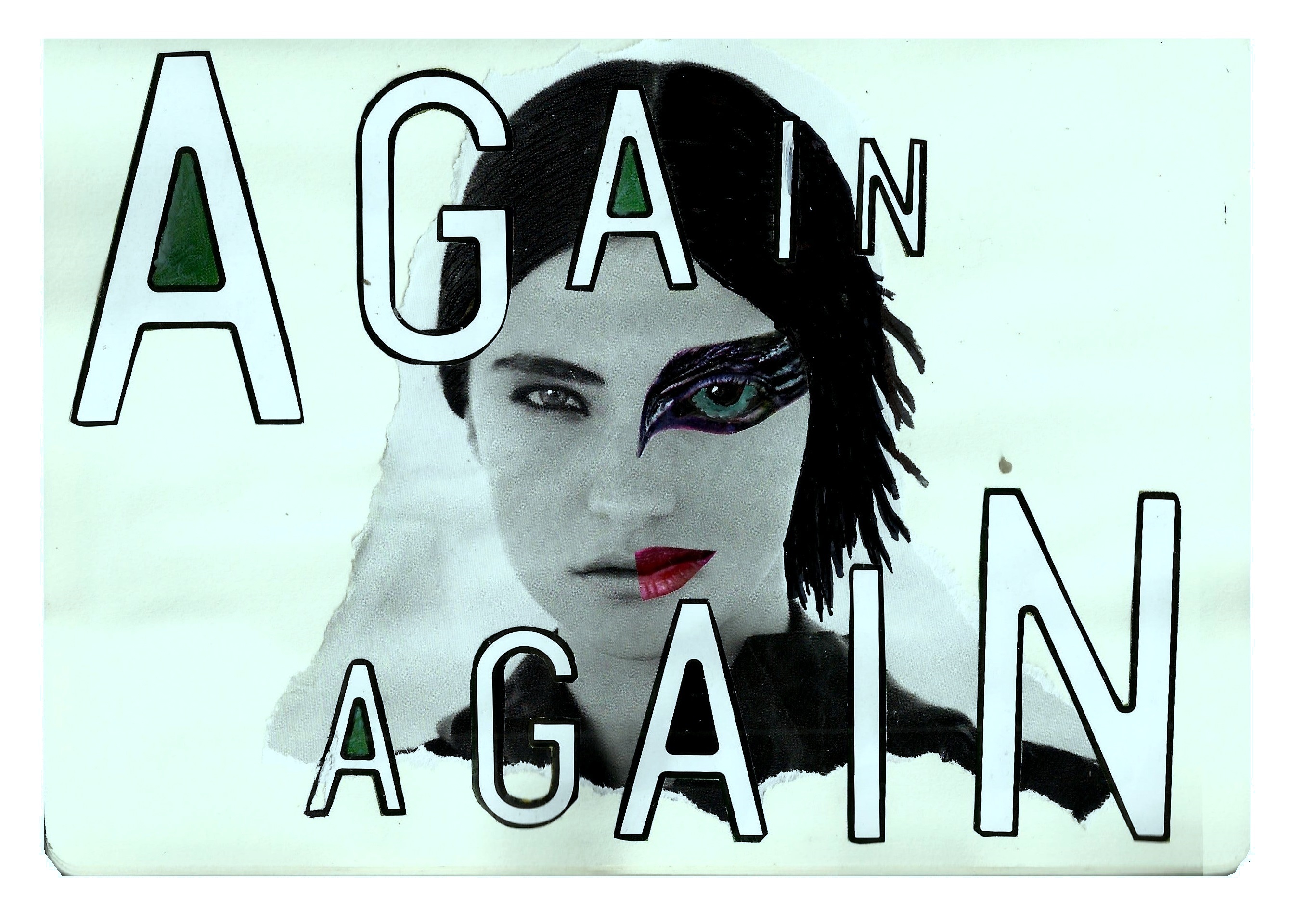 A mixed media art journal collage of a bird woman with the words again, again.