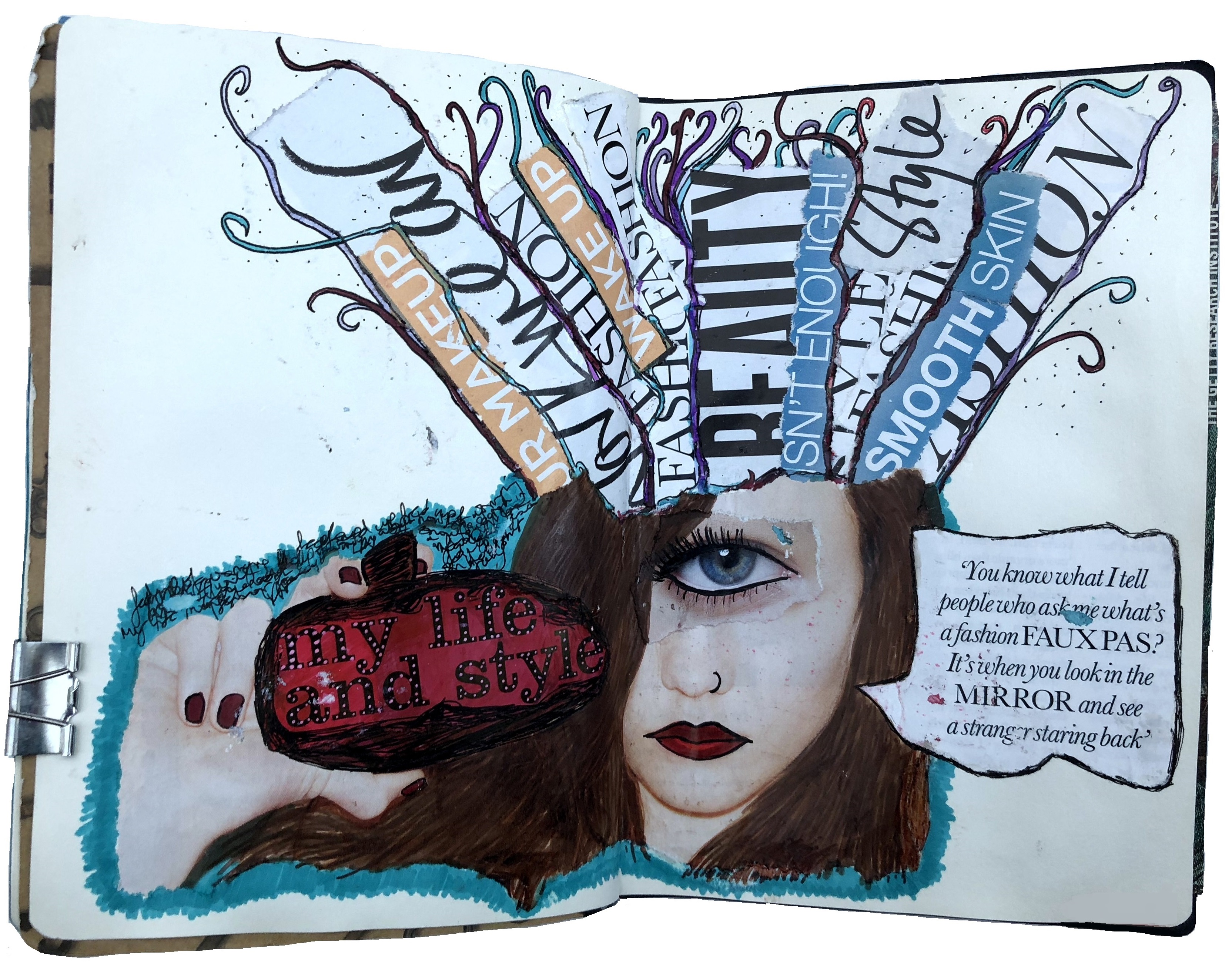 A mixed media art journal collage of a cyclops woman holding a bottle with thoughts on body image and a quote by Iris Apfel.