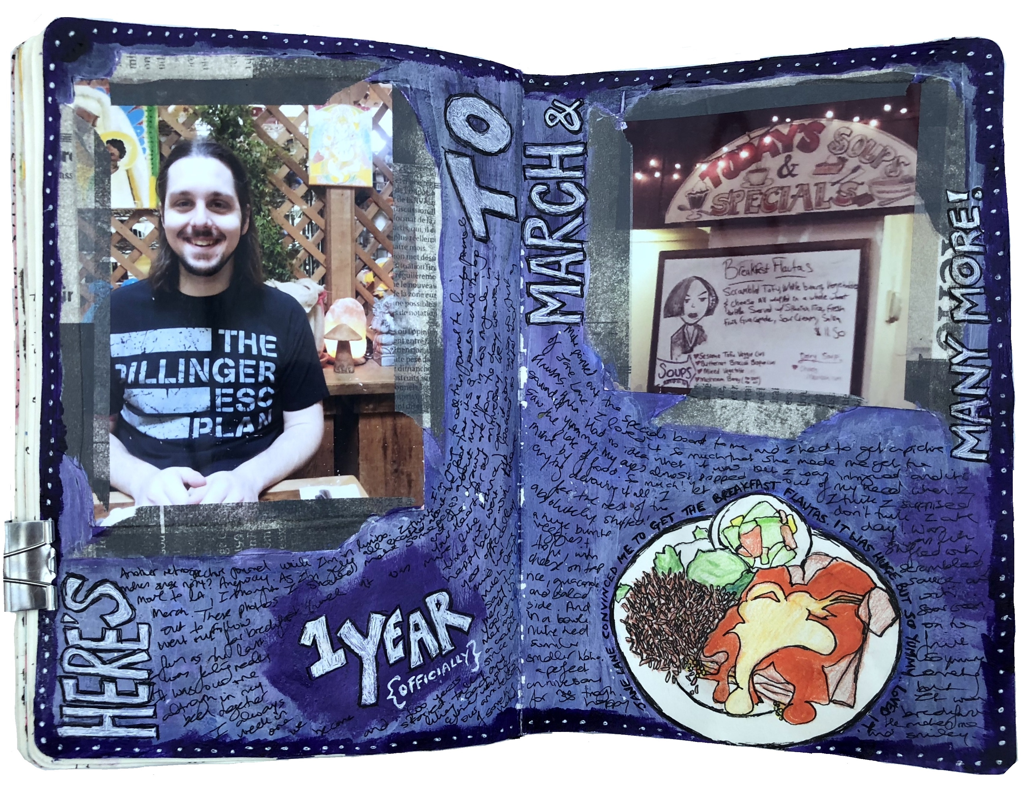 A mixed media art journal collage of photographs from my 1 year anniversary and a drawing of the breakfast we had at our favorite vegetarian restaurant.