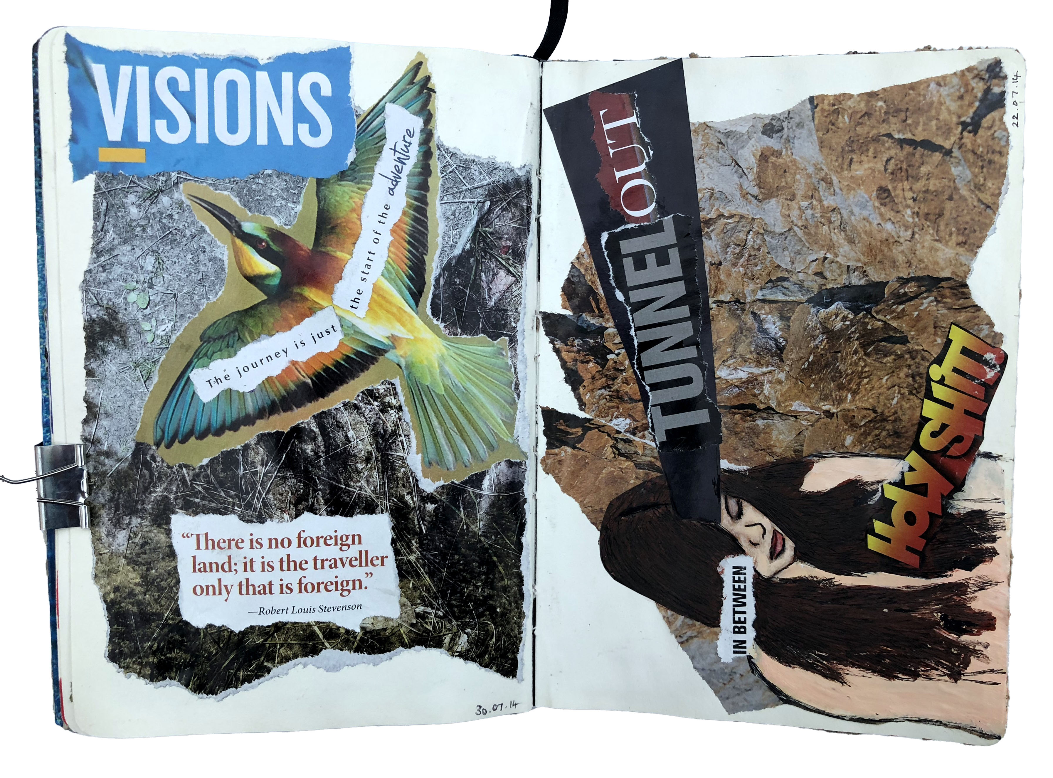 A mixed media art journal collage about travel and adventure and another collage about tunneling out of a deep sleep.