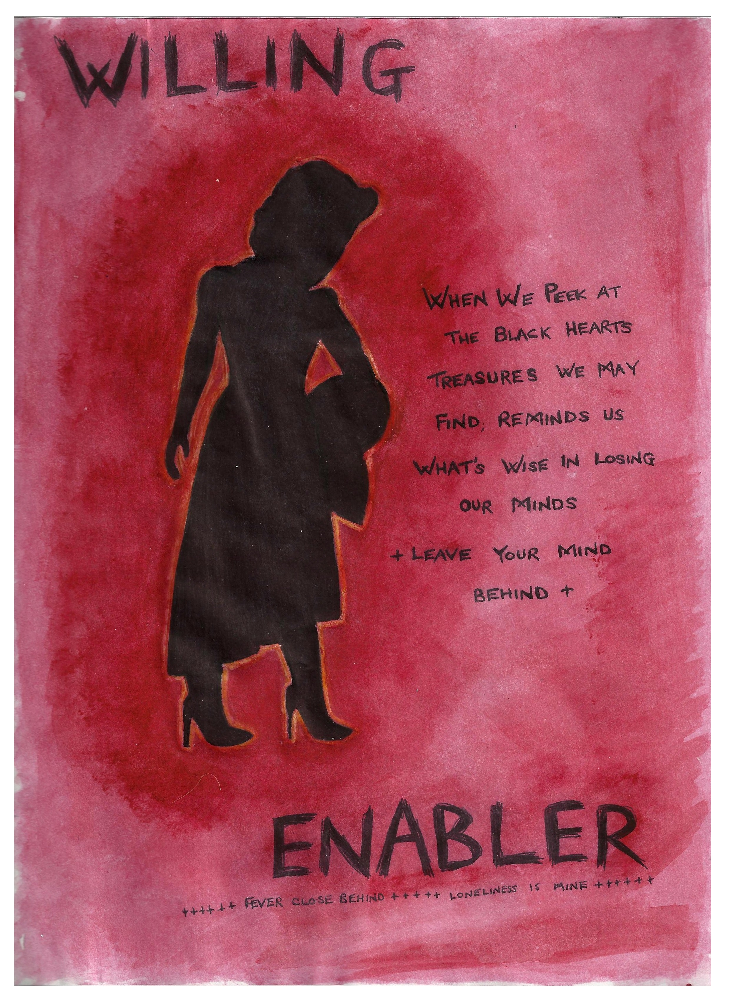 A mixed media art journal illustration of a silhouette of Melissa Auf der Maur against a red background with lyrics from one of her songs.