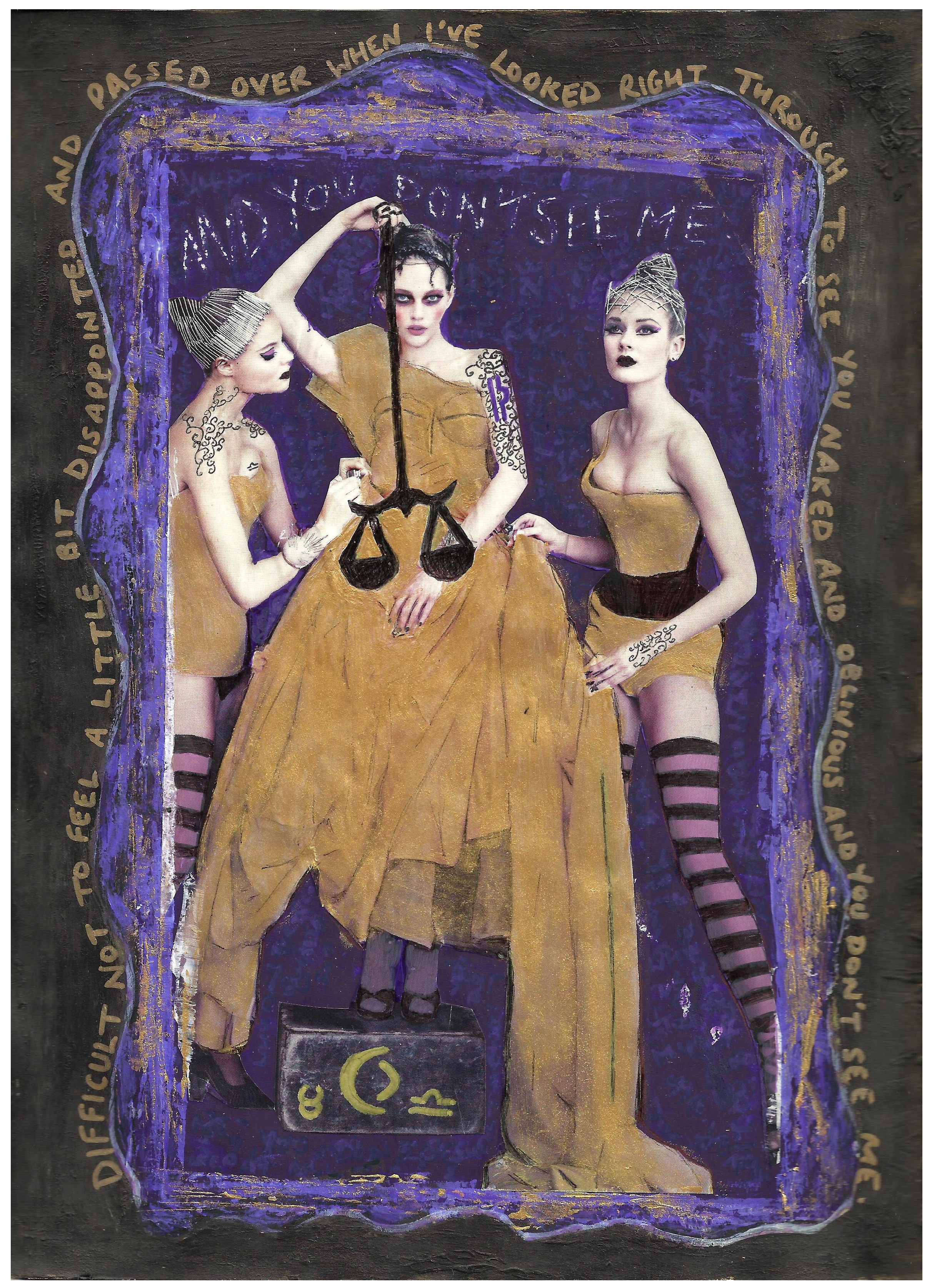 A mixed media art journal collage/altered image of three women holding a scale with zodiac signs and lyrics from 3 Libras by A Perfect Circle surrounding them.