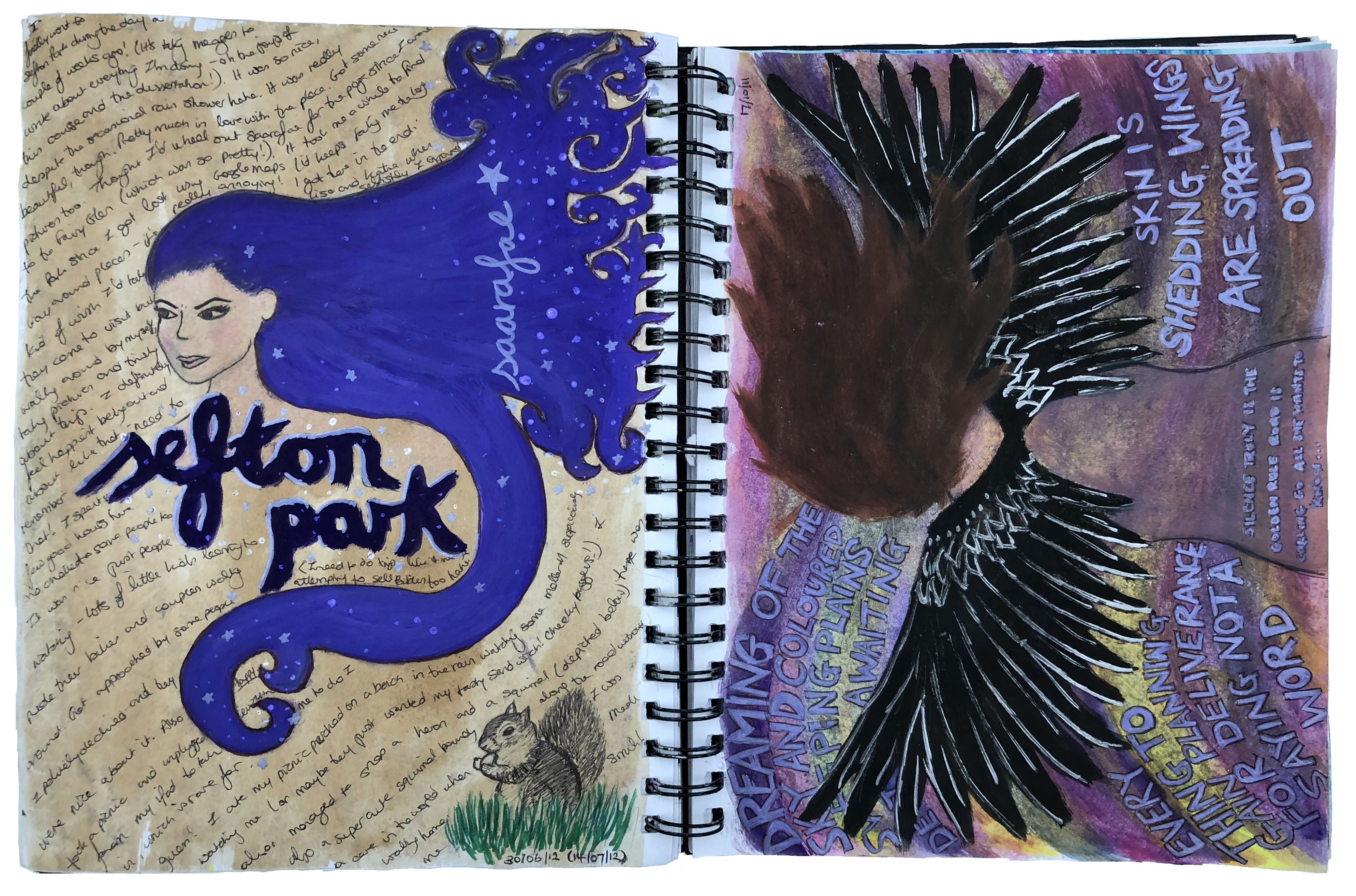 A mixed media art journal illustration of a squirrel and woman with flowing purple hair with thoughts on Sefton Park in Liverpool and a drawing of a woman with wings with lyrics from Horizon by the band RiotGod.