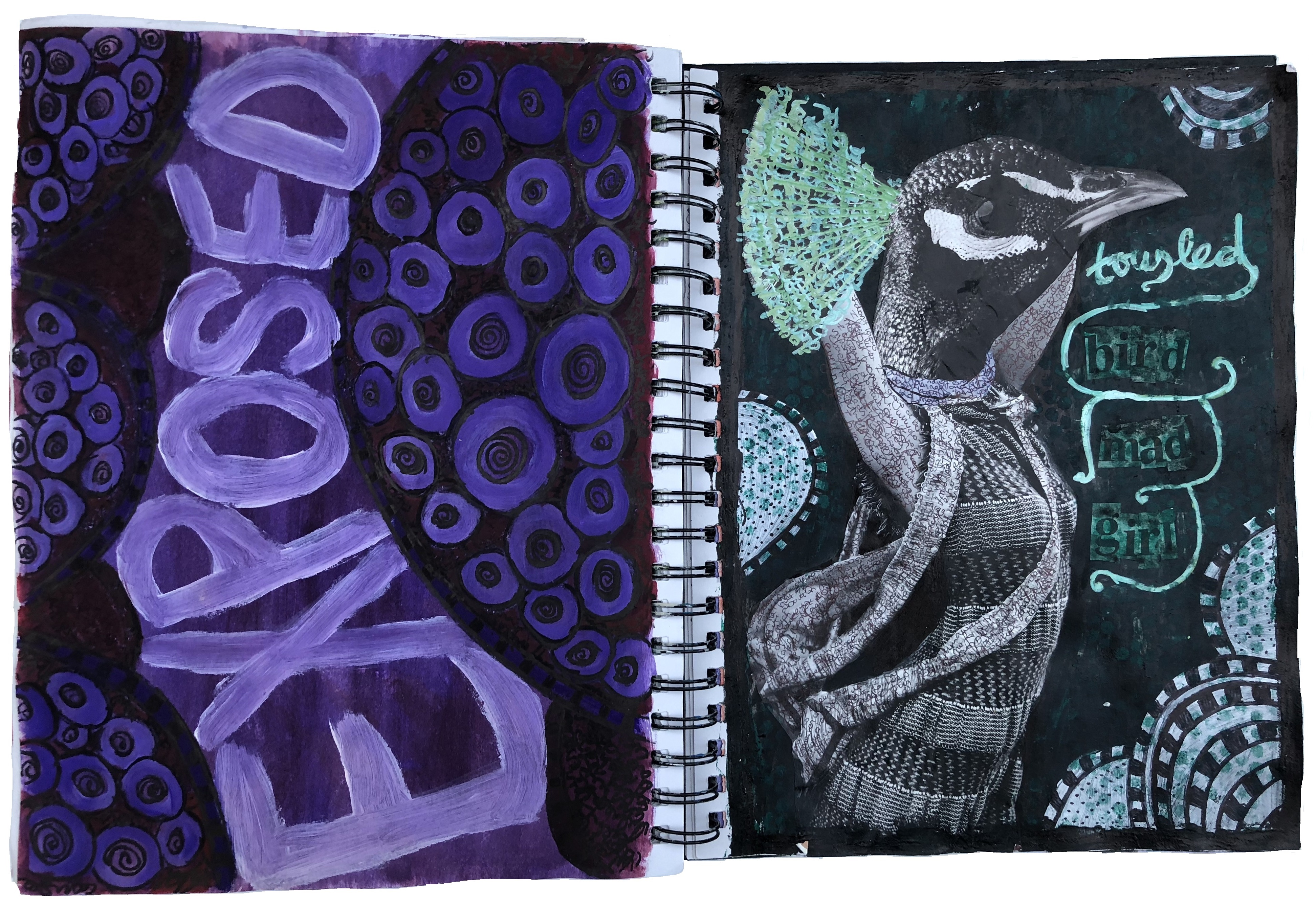 A mixed media art journal collage of a bird woman with lyrics from Burn by the band The Cure.