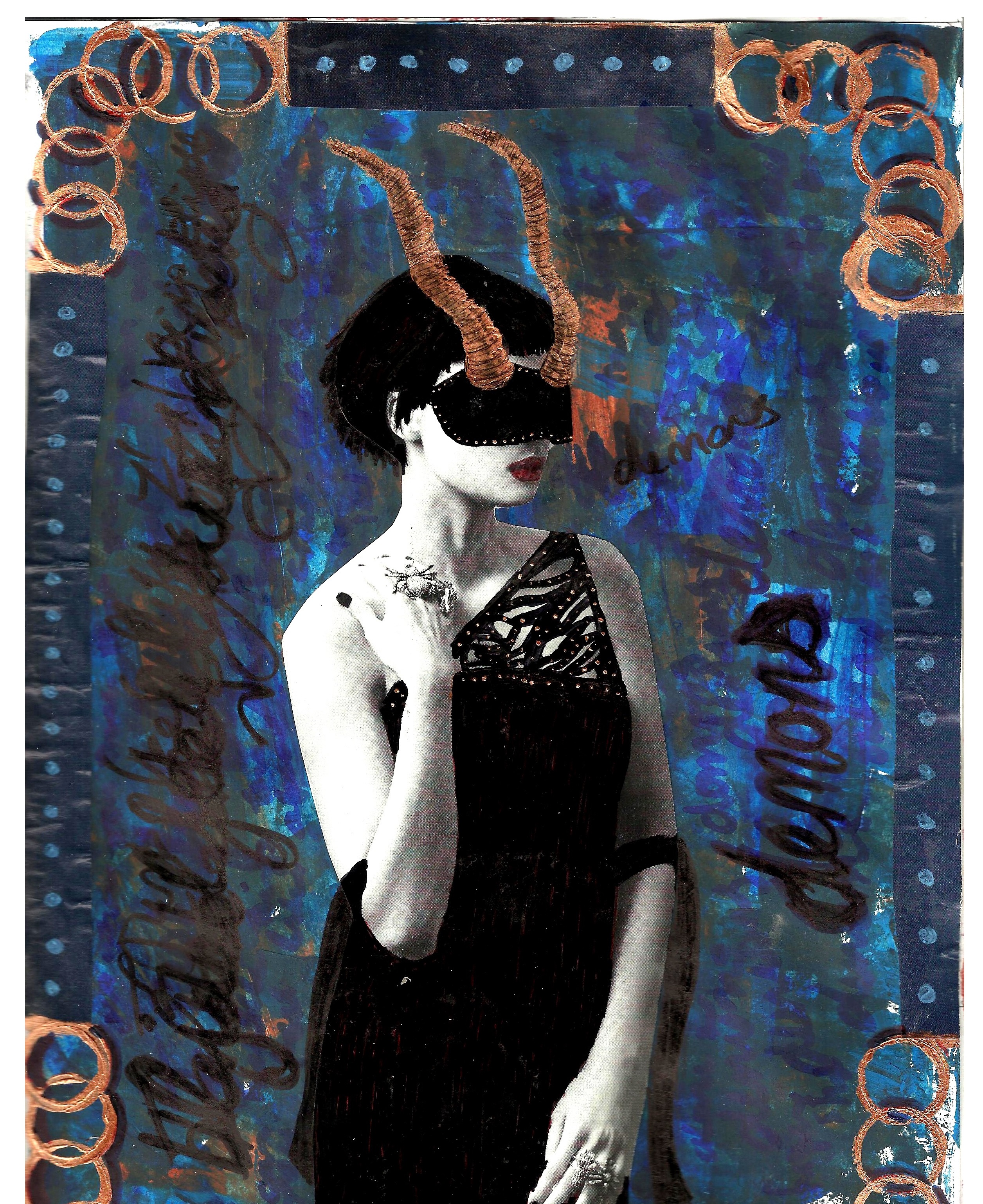 A mixed media art journal page of a horned woman with the word demons next to her.