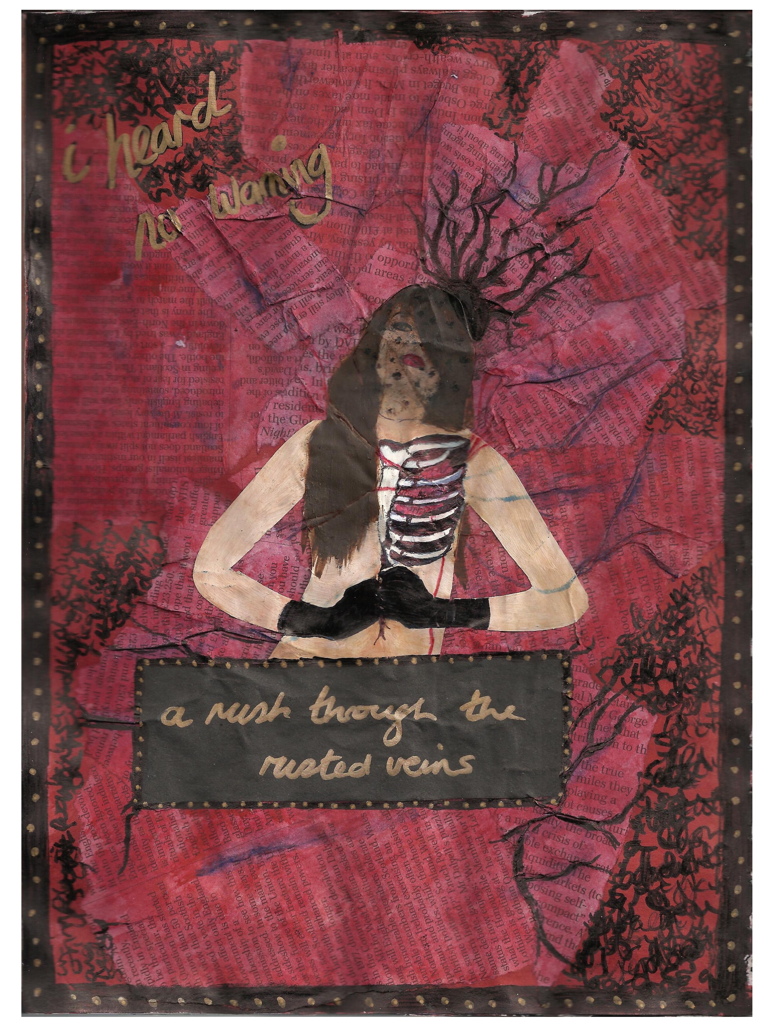 A mixed media art journal collage of a veiled woman opening her chest to expose her rib cage and heart with veins exploding out and lyrics from Rusted by the band Katatonia.