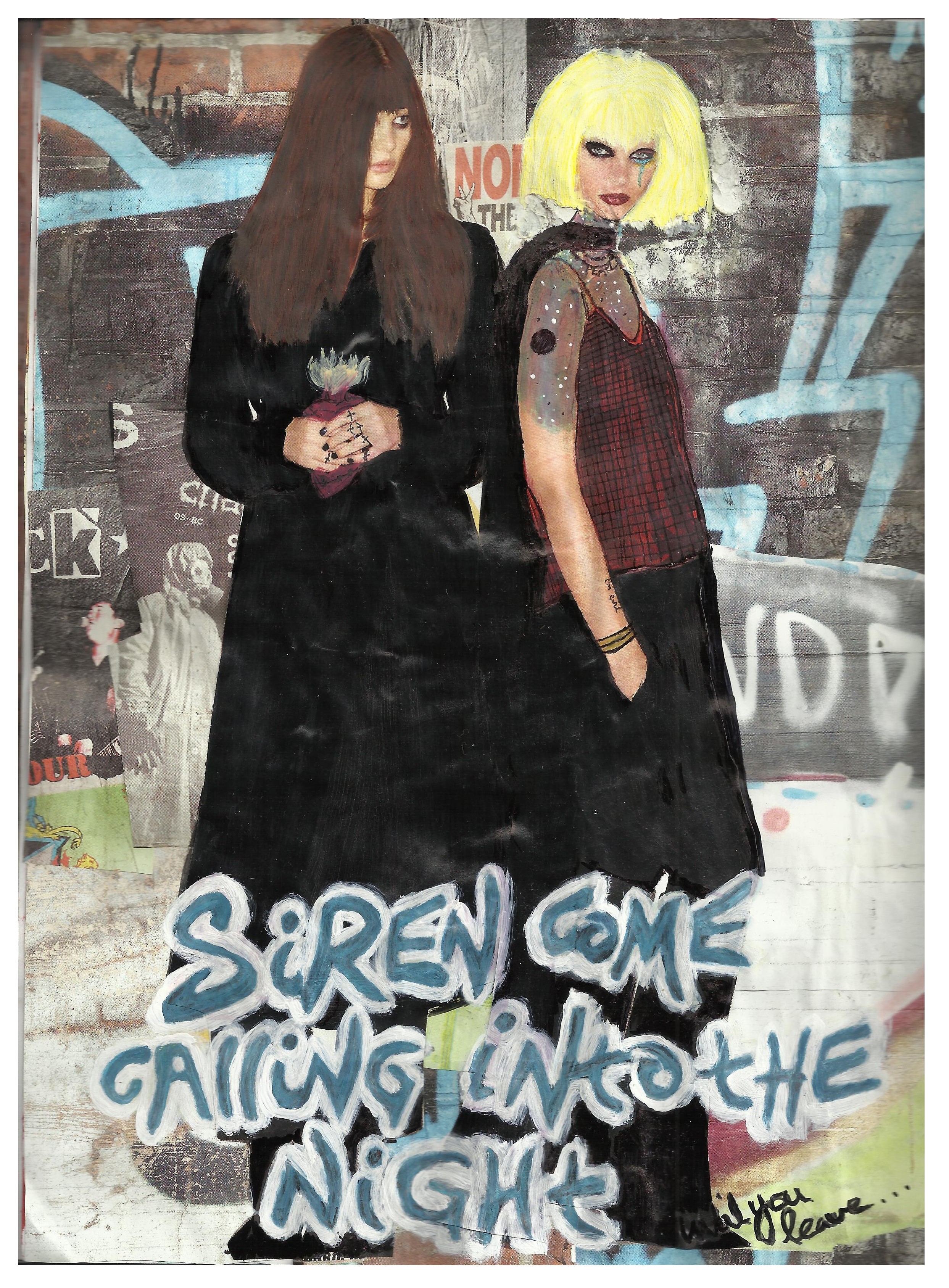 A mixed media art journal collage of a woman with brown hair holding a sacred heart and a woman with blonde hair with a galaxy tattoo in front of graffiti with lyrics by Bat For Lashes.