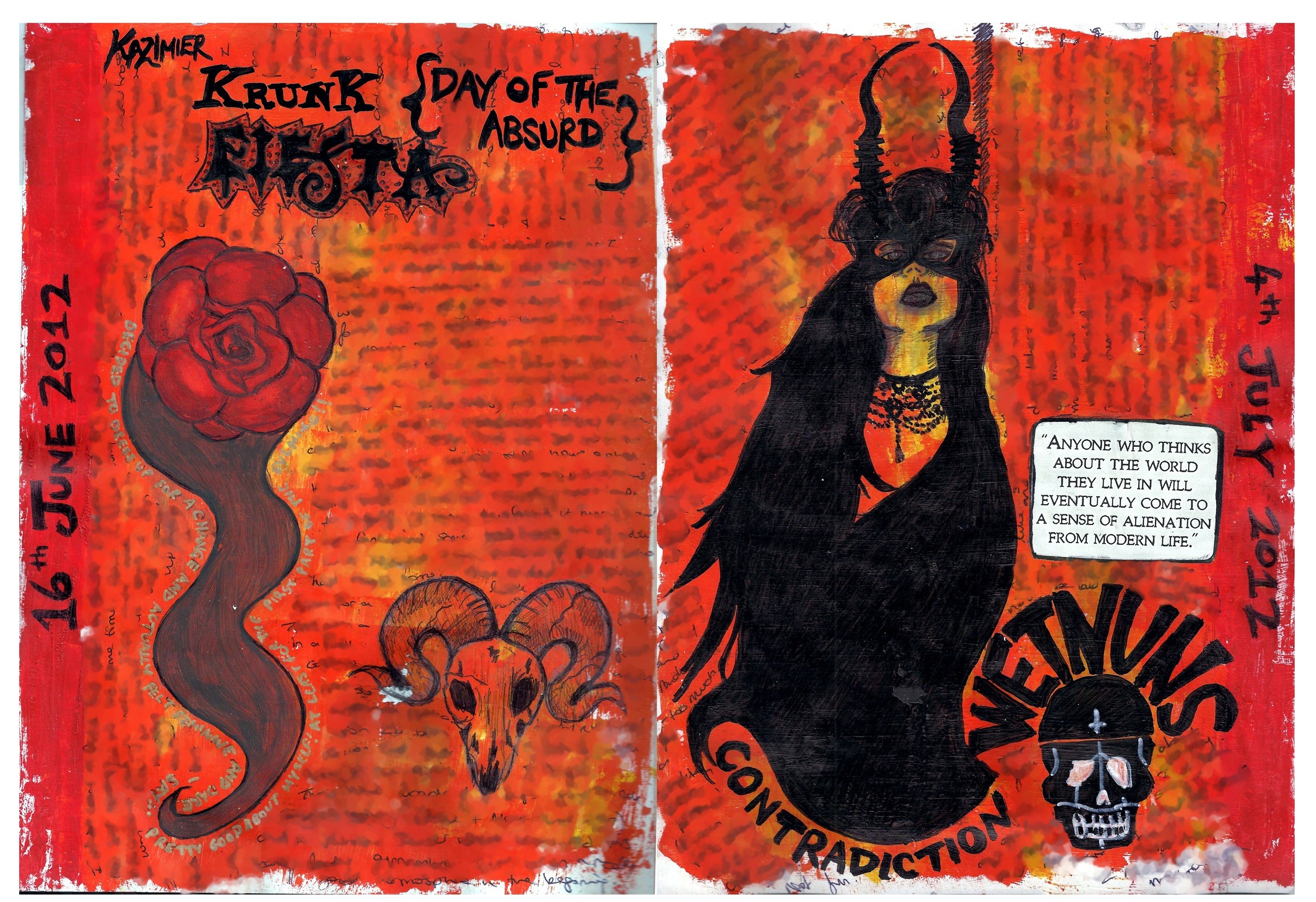 A mixed media art journal illustration of a horned woman (reference was from Tumblr but I have no idea who it was), a skull, a rose with hair cascading from it, and the logo of the band Wet Nuns (who I saw live that night).