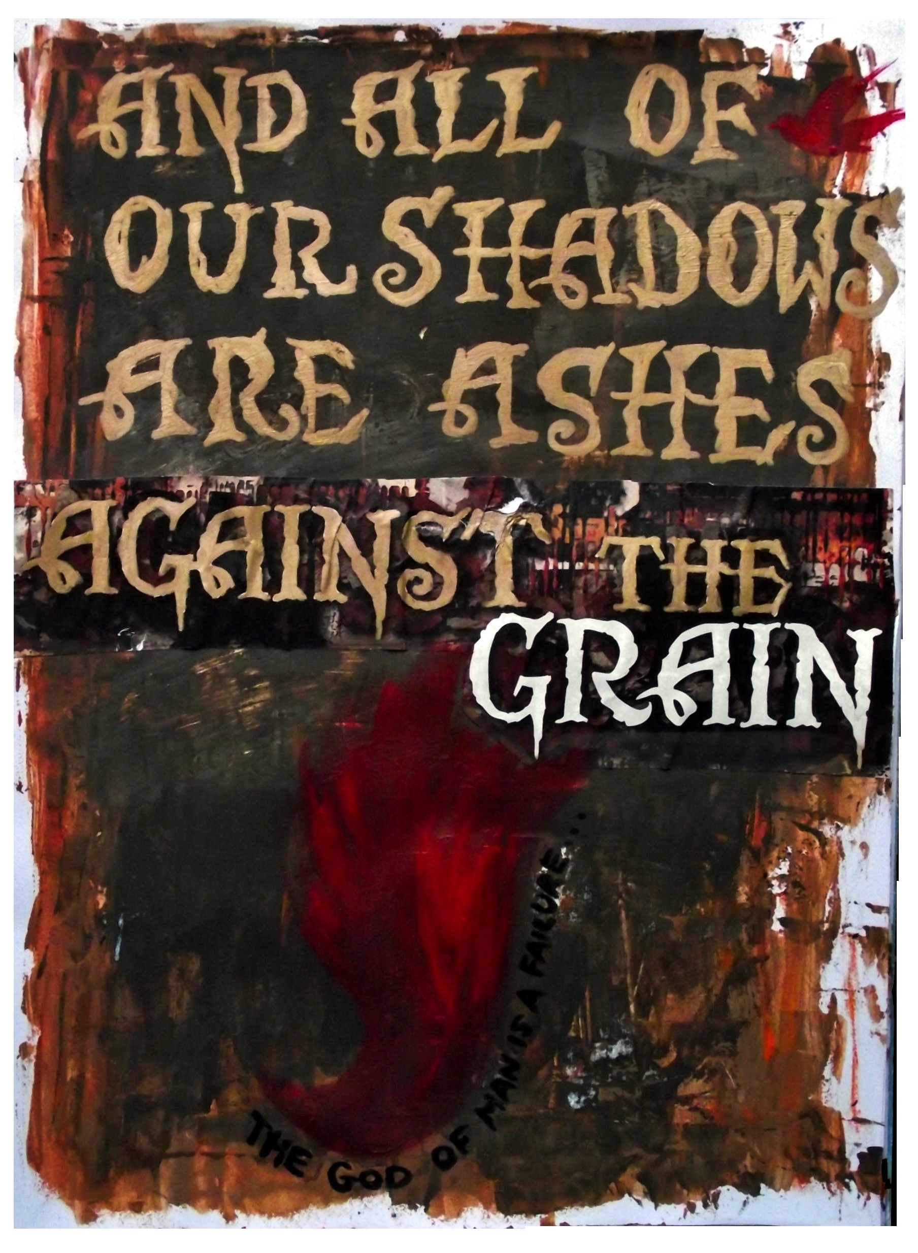 A mixed media art journal collage of a blood bird with lyrics by Agalloch.