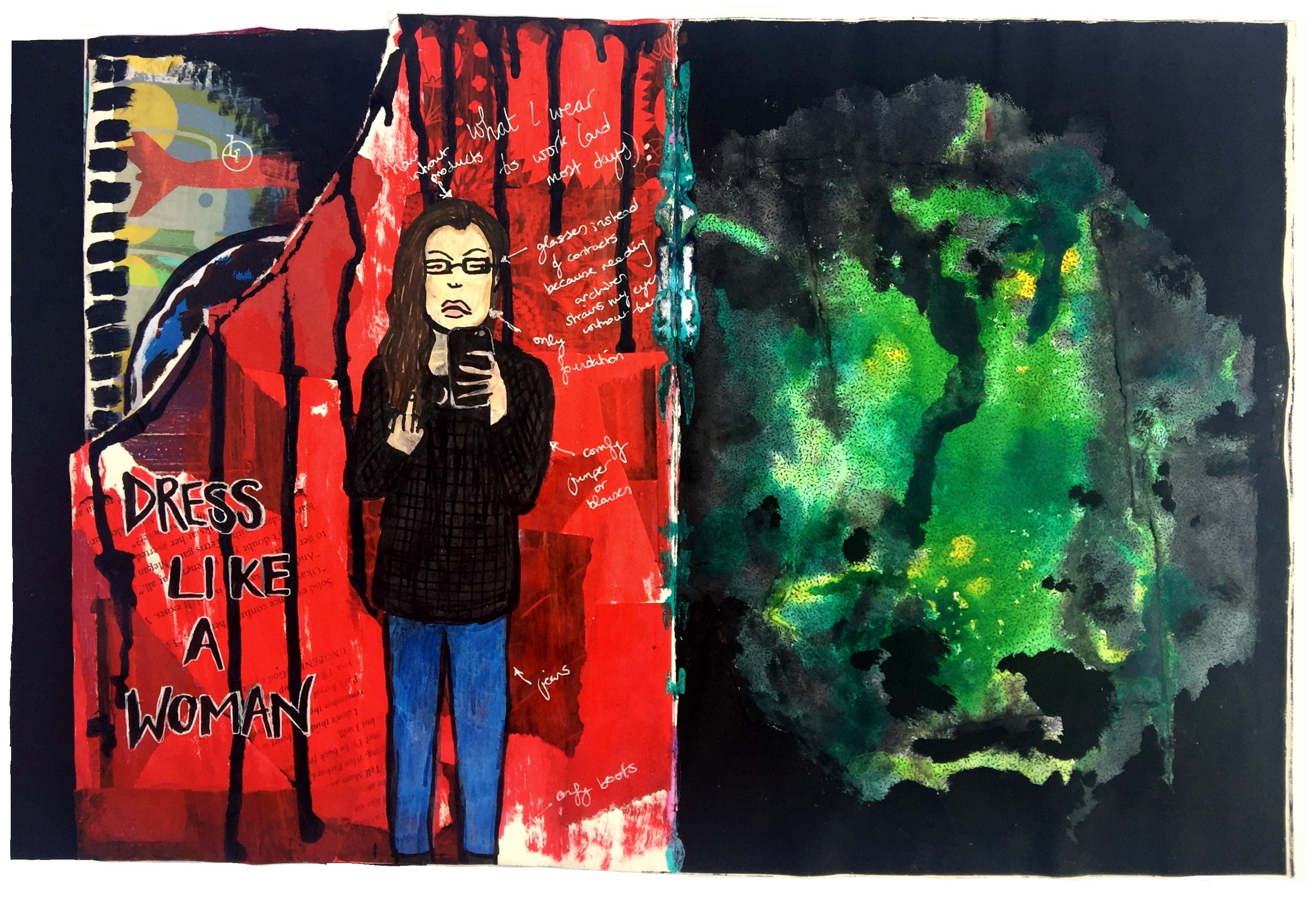 A mixed media art journal illustration of myself in glasses, jeans, a comfy sweater, and flipping the bird with the words dress like a woman next to the drawing and an abstract painting to the right; the page was created with acrylic paint and ink.