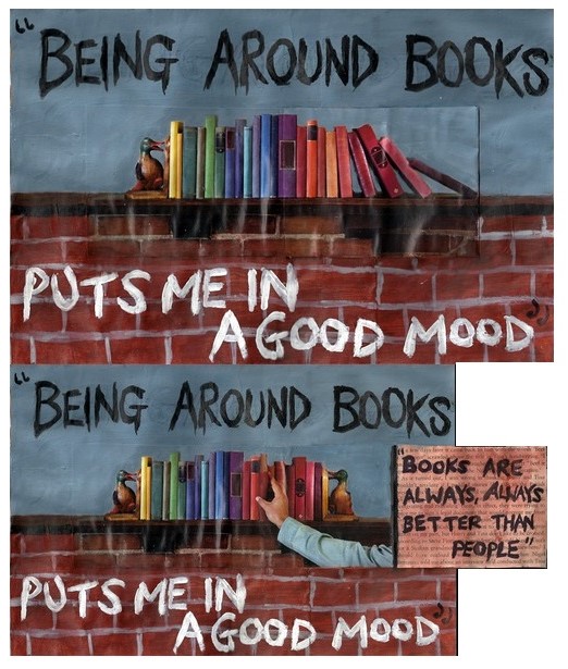 A mixed media art journal spread of a bookcase with a quote by Henry Rollins about books being better than people; the page was created with collage material, ink, and acrylic paint.