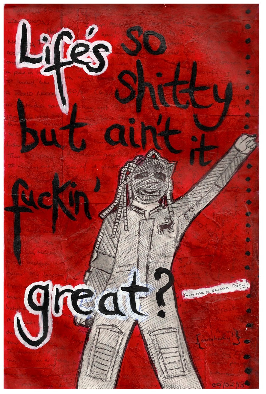 One of my first attempts at the Making Peace with the Past project (recycling old journals). I tore up journal pages from 2001, glued them on a page, and painted over it with acrylic paint. Illustration is of Corey Taylor, also from 2001. Lyrics by Slipknot.