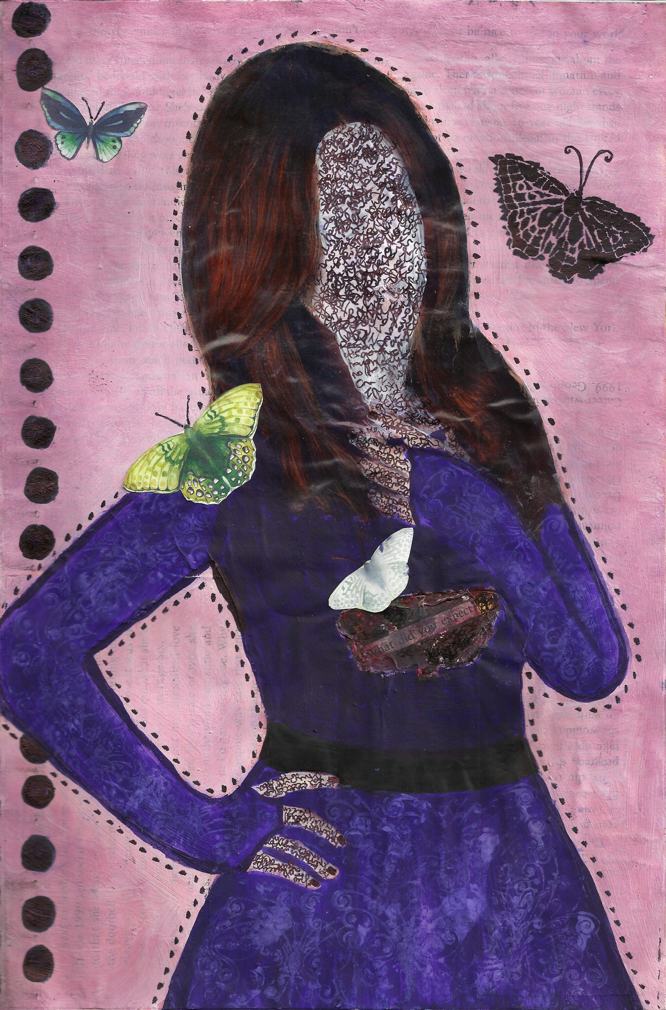 A mixed media art journal collage of a faceless woman surrounded by butterflies and moths, with a wound in her stomach that says what did you expect?