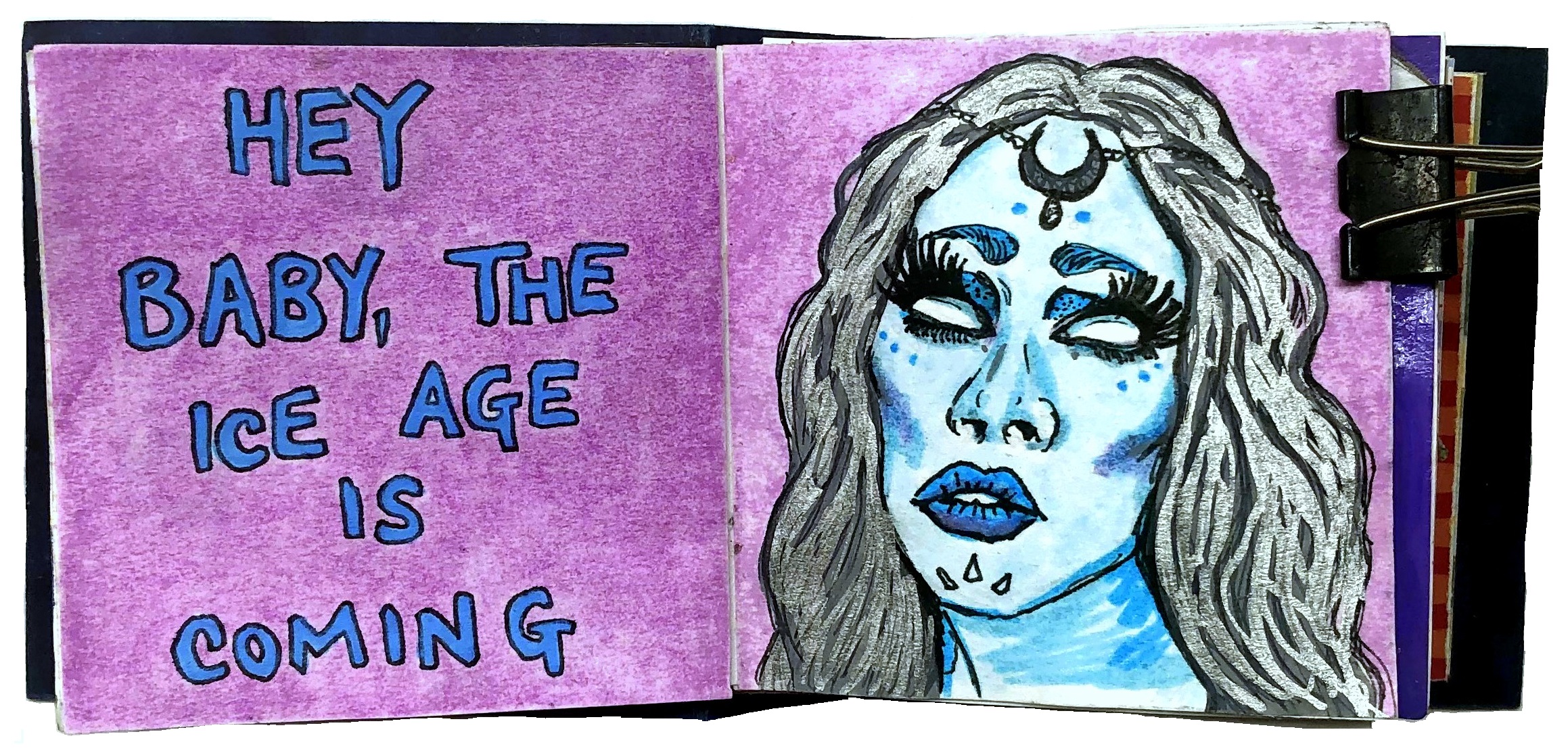 A post-it note art journal illustrated portrait of an ice queen (reference from Sktchy) with lyrics by The Atomic Bitchwax that were stuck in my head during lockdown.