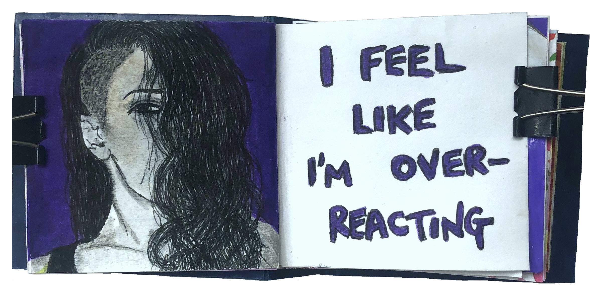 A post-it note art journal illustration of myself with a freshly shaved side-cut with the words I feel like I’m overreacting next to me.