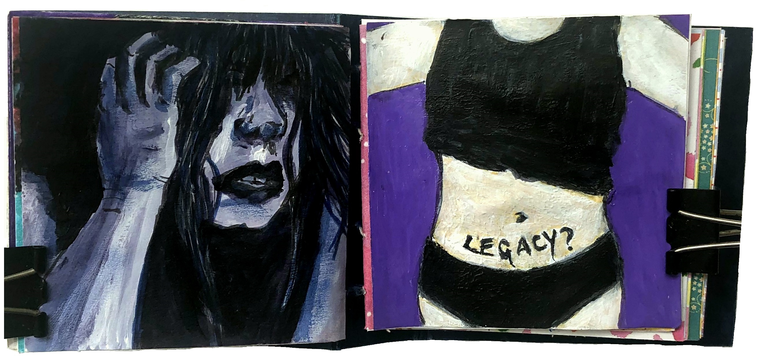 A post-it note art journal illustration of a woman in distress and an illustration of a female body with the word legacy? written on her stomach.