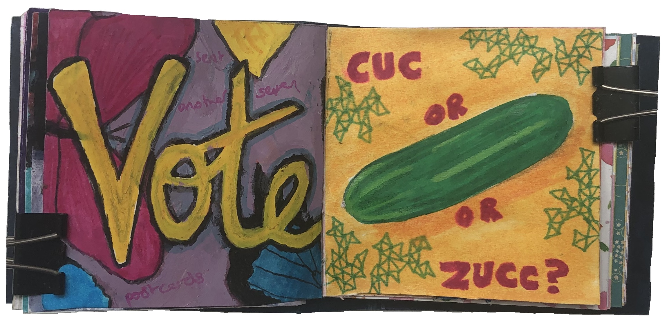 A post-it note art journal illustration about voting and an joke doodle about not knowing the difference between a cucumber and a zuccini.