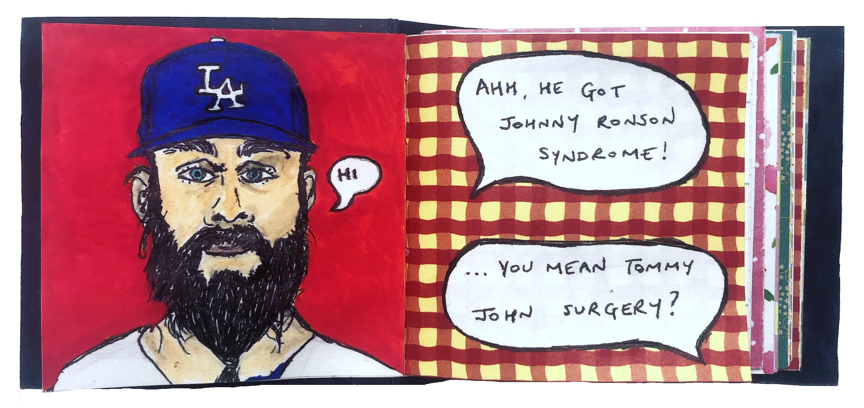 A post-it note art journal illustration of former Los Angeles Dodger baseball player Brian Wilson with a silly conversation I had with my husband about Tommy John Surgery – I was close enough, right?!