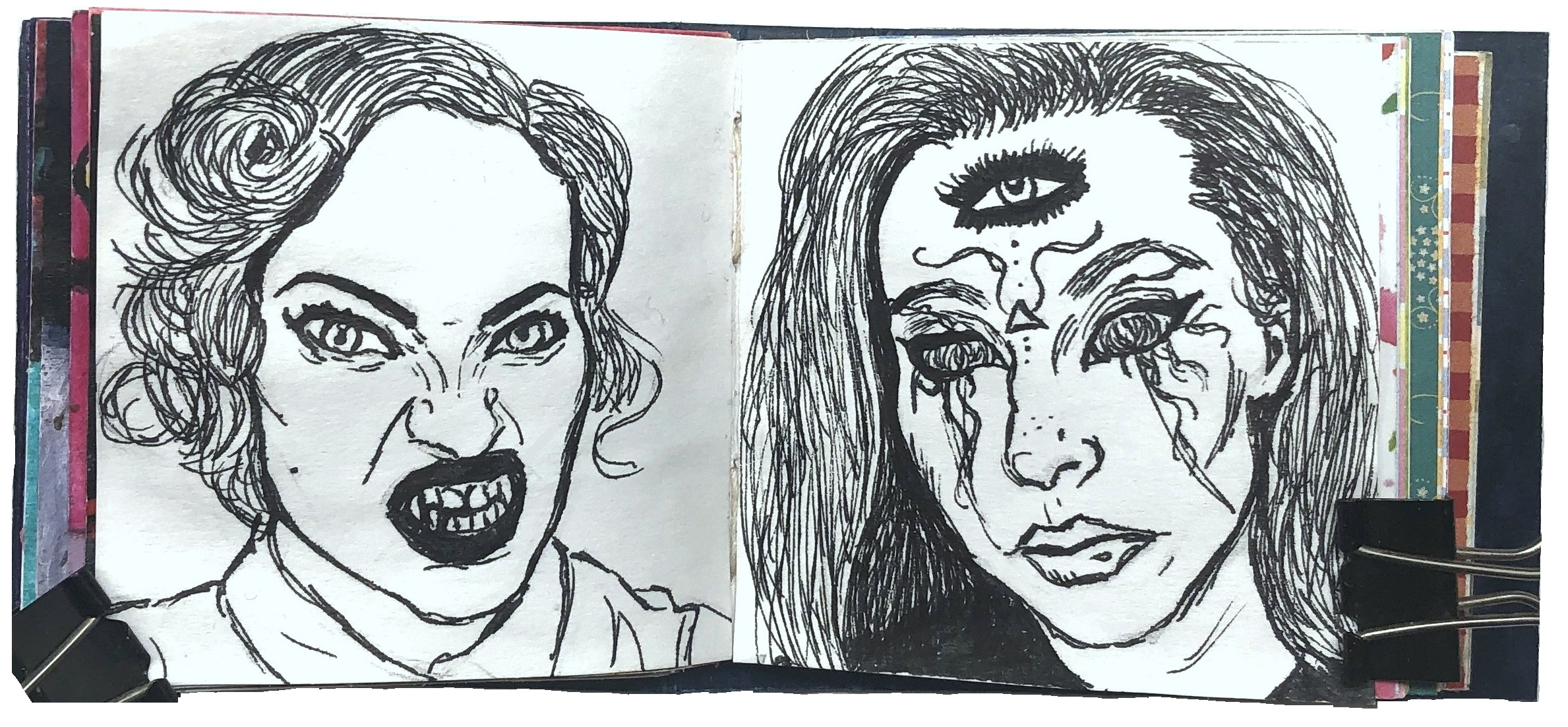 Two quick sketch portraits in my art journal as an example of the cheap/quick commissions I was offering during lockdown.