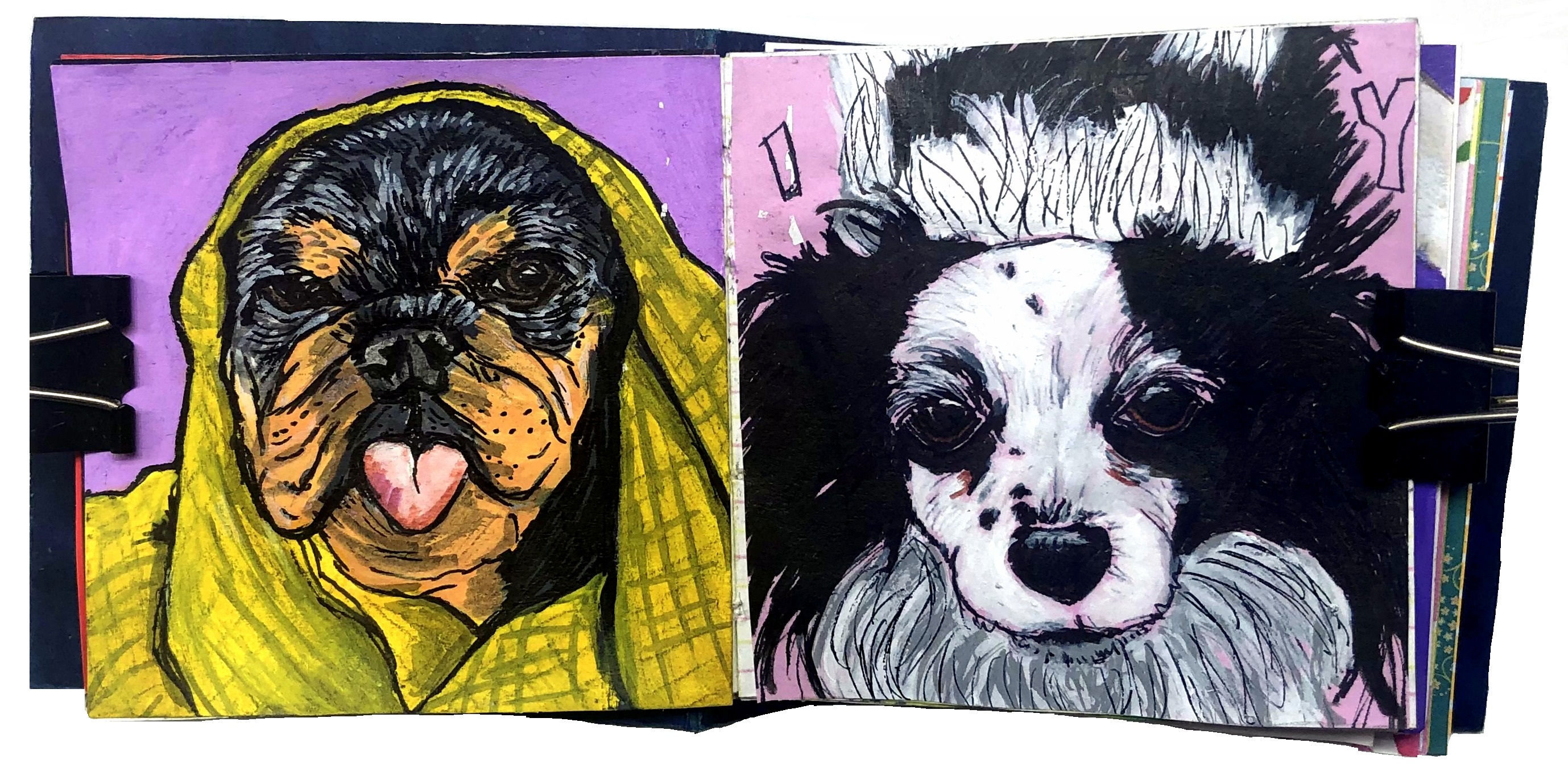 A post-it note art journal illustration of Eric Byrnes' bulldog, Altuve, looking adorable dressed as ET and a random dog drawing from Sktchy.