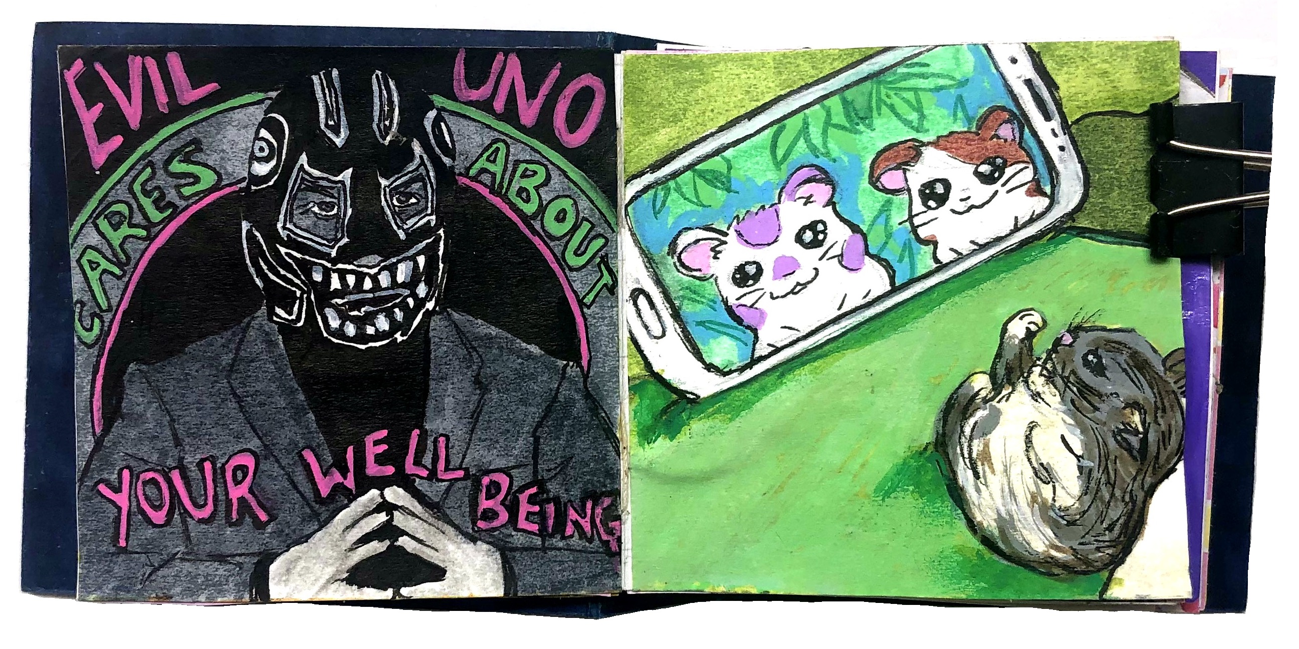 A post-it note art journal illustration of AEW wrestler Evil Uno with the words Evil Uno cares about your well being and an illustration of a hamster watching Hamtaro (drawn to cheer a friend up).