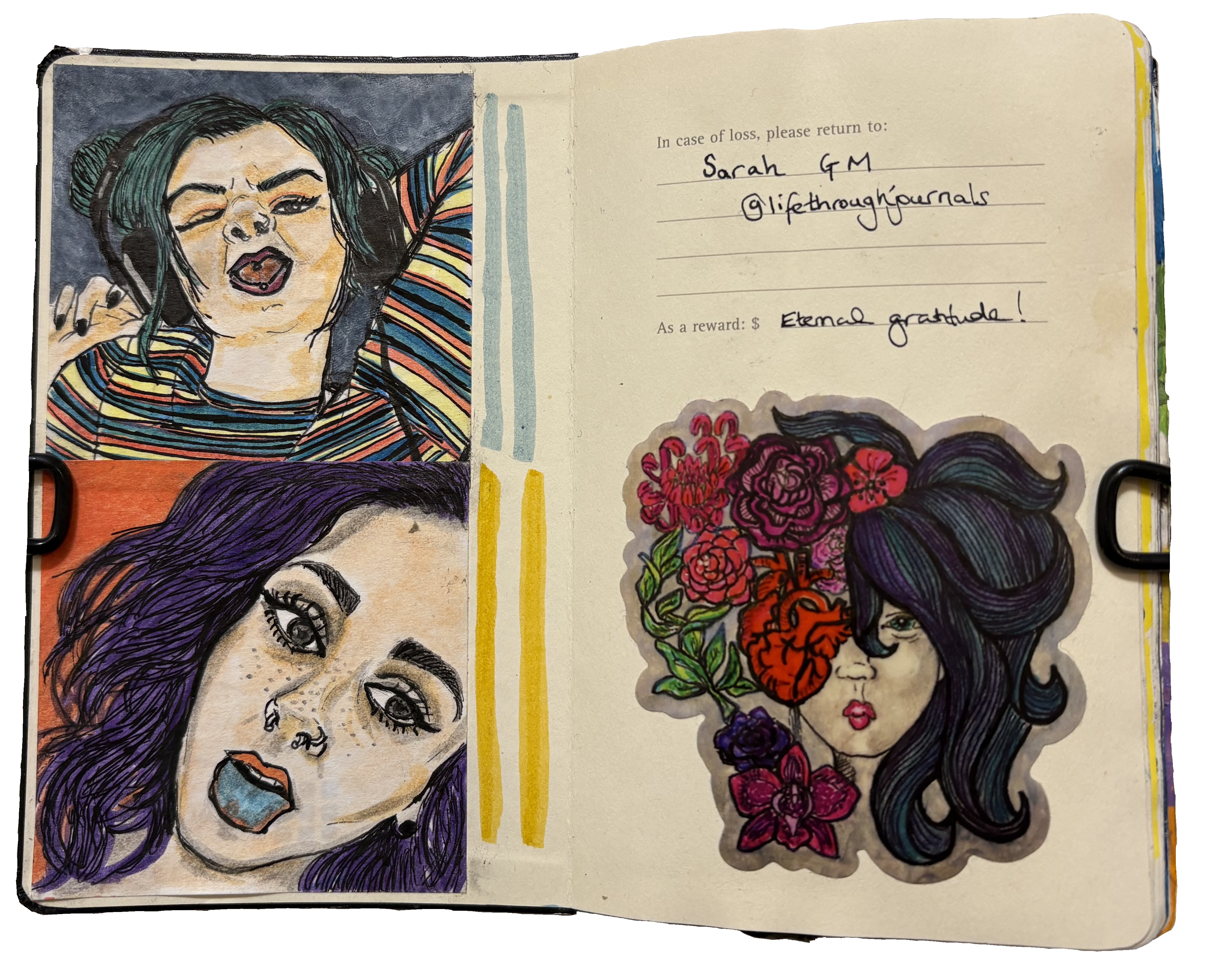 Art journal illustrations of women (_manicwolf and mgcumbo) via Sktchy on post-it notes and a sticker by jaeshinn.