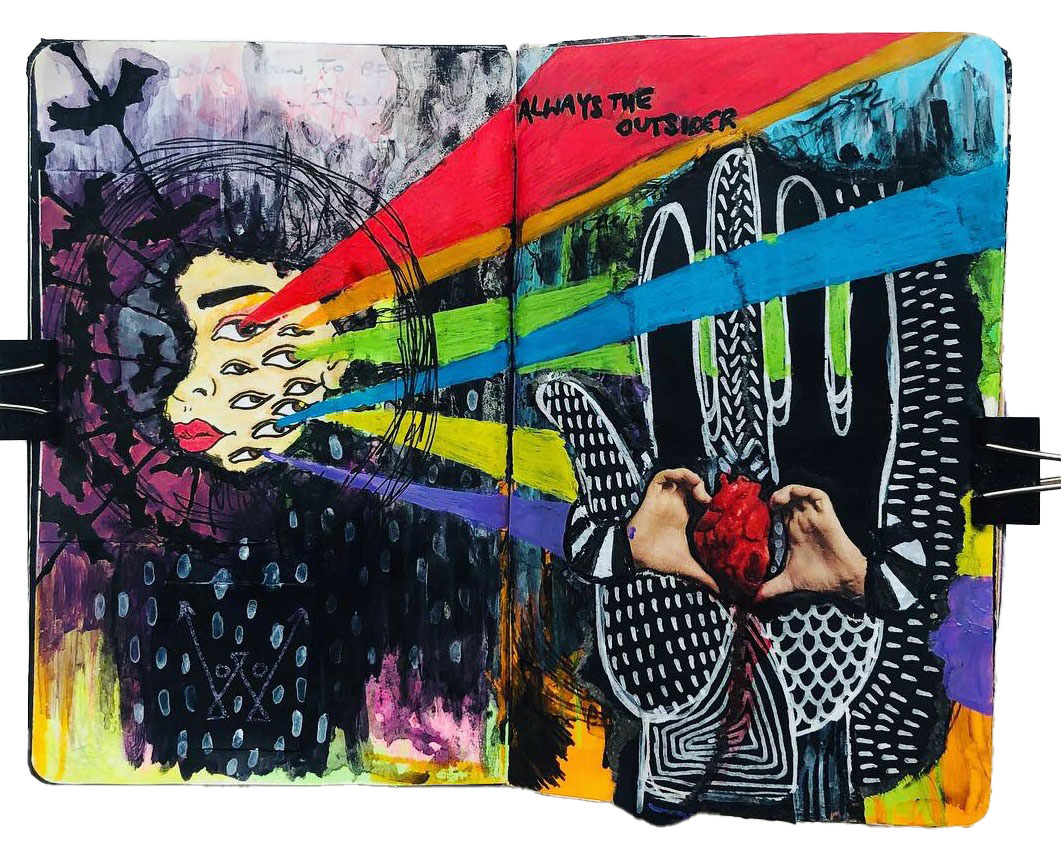 A mixed media art journal page with an illustration of a woman with many eyes shooting rainbow lasers, hands holding an anotomical heart, and words saying always the outsider.