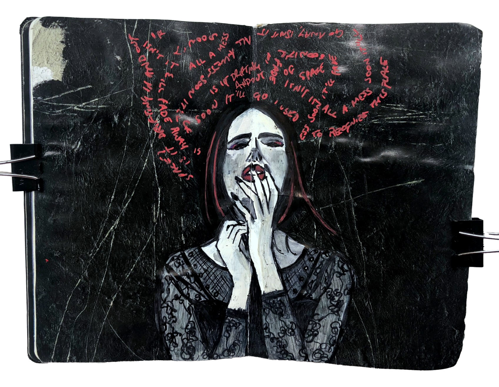 An art journal illustration of a goth woman in despair holding her hand to her face and lyrics by the band Windhand circling above her head.